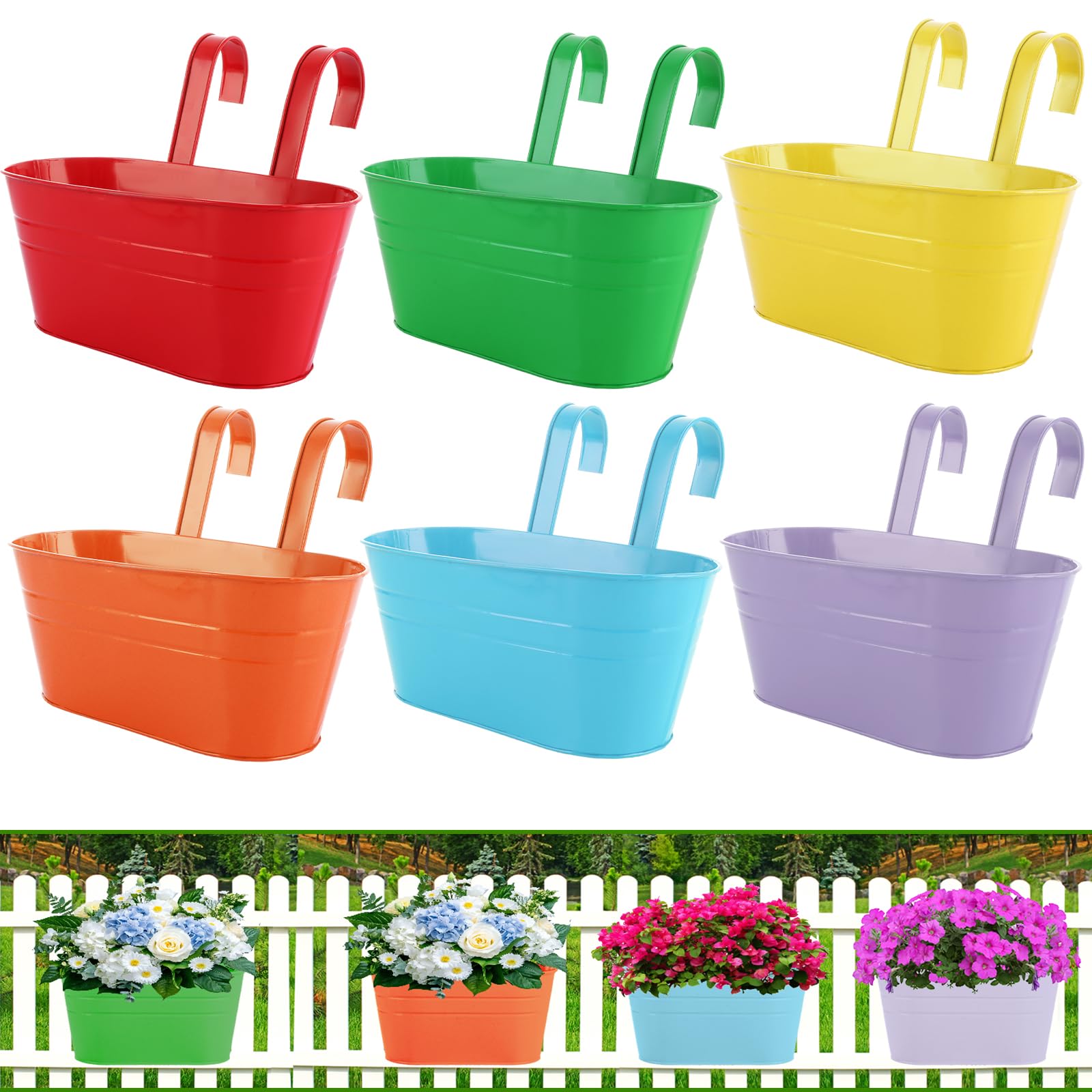 APACALI 6 macetas colgantes de metal, 28 cm, macetas para colgar, con gancho extraíble para balcón, valla, jardín, 6 colores