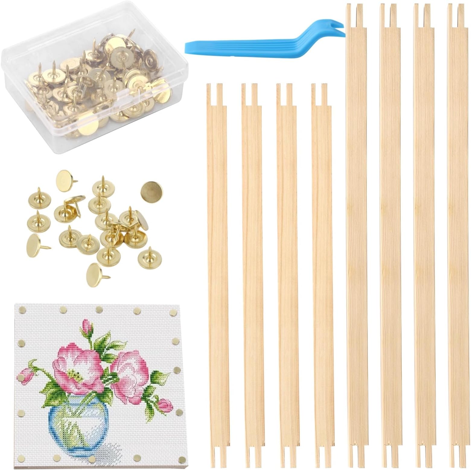 8 Pcs Wooden Canvas Frame Kit, Including 6 in & 8 in Stretcher Bars, 40 Thumb Tacks, Storage Box and Tacks Remover, Wooden Canvas Stretcher Bars for Embroidery Needlework