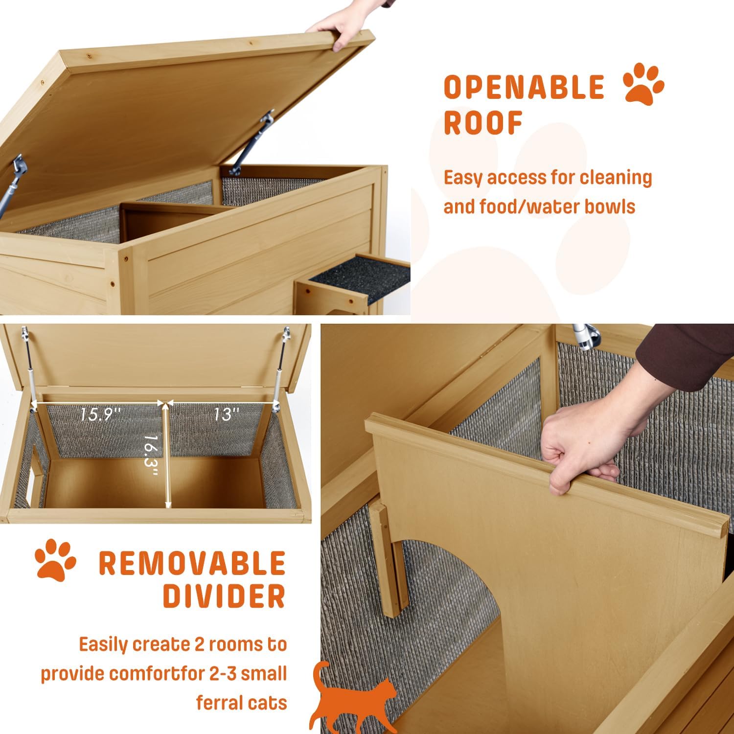 BRIOPAWS Dual Insulated Outdoor Cat House | Weatherproof | Feral Cat Shelter for Winter | Escape Door | Foldable Ramp | Large Wooden Pet Houses for Multiple Cats | Brown