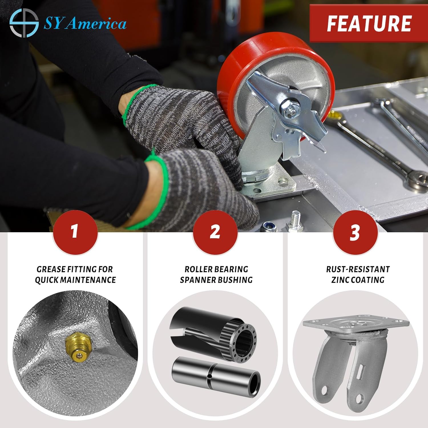 SY America 8" X 2" Caster Wheels - Heavy Duty Industrial Casters, Non-Marking Polyurethane on Silver Cast Iron Core Wheel, 2 Rigid 2 Swivel Top Lock Brake,6000 lbs Capacity Set of 4