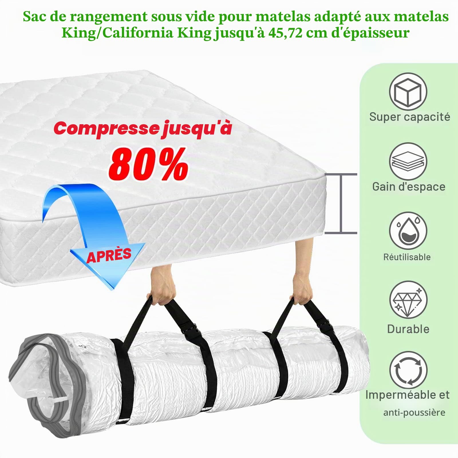 Sac de rangement sous vide pour matelas King size/Califonia King - Étanche - Double fermeture éclair - Sacs de rangement sous vide - Économie d'espace pour matelas en mousse à mémoire de forme et