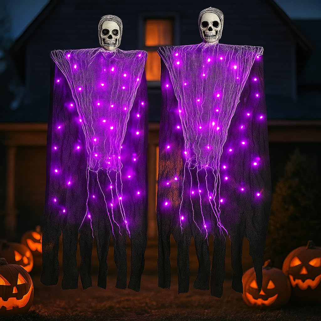 Fantôme d'Halloween extérieur : lot de 2 décorations suspendues effrayantes pour jardin et porche