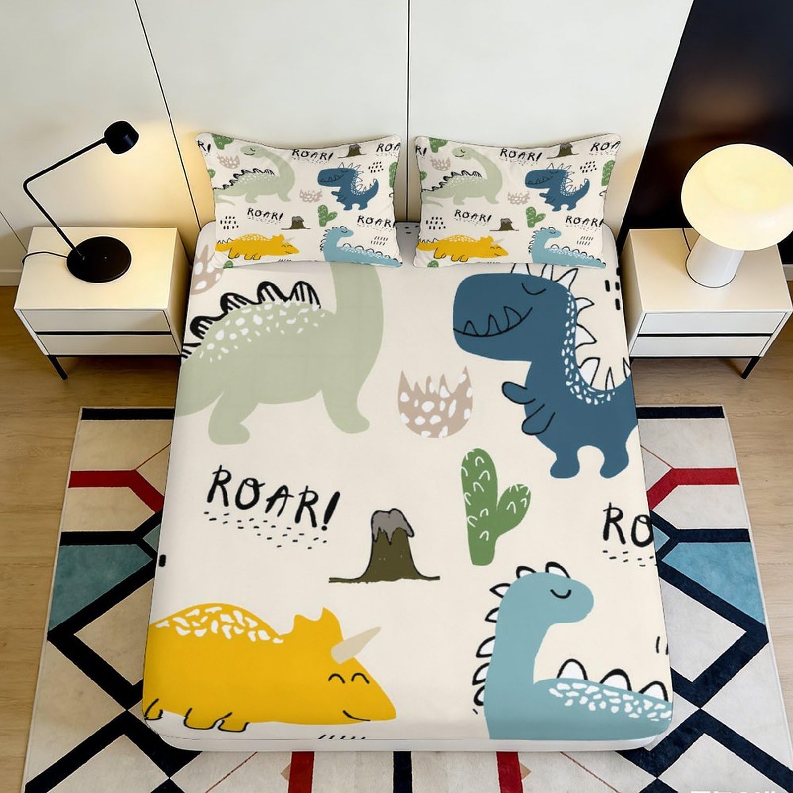 3D Printed Cartoon Dinosaur Fitted Sheet Microfiber Anti-Slip Mattress Cover for Kids Teens Bedroom Dorm Decor 200x200x25cm