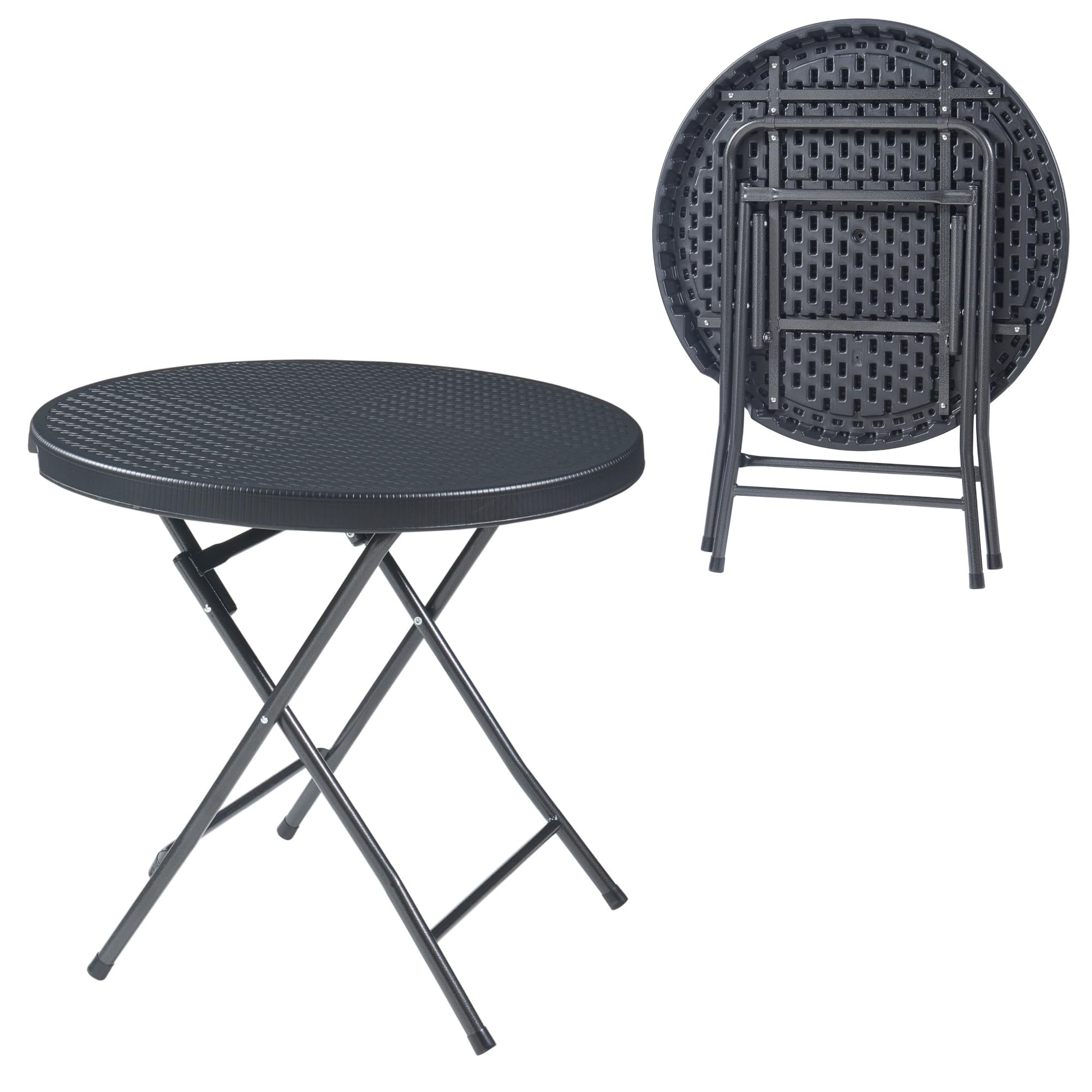 [en.casa] pro.tec składany stół piknikowy Camping przenośny stół do użytku na zewnątrz metalowa rama i blat plastikowy stół Ø80 x 74 cm czarny efekt rattanu