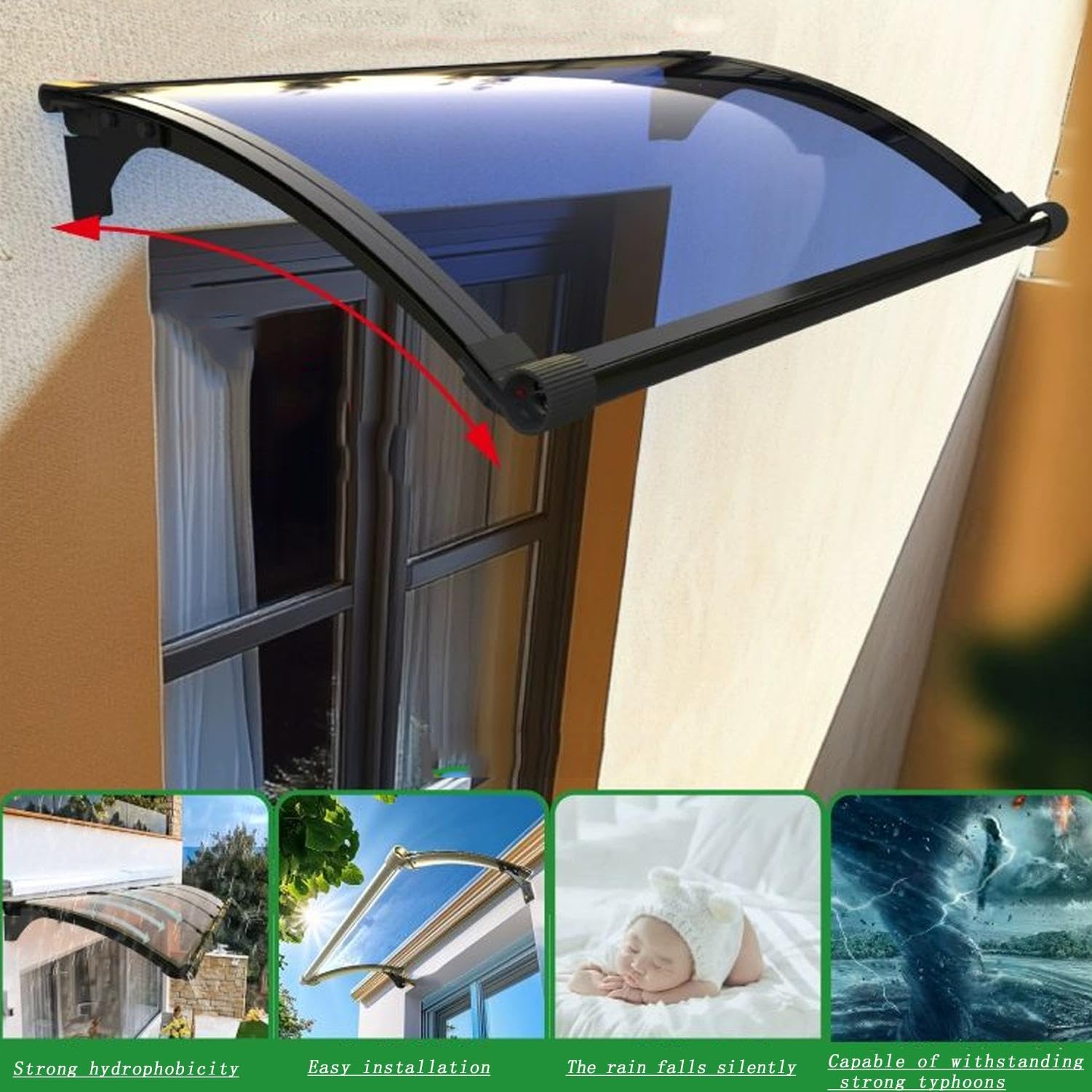 Zadaszenie drzwi, osłona werandy, nowoczesny poliwęglan z aluminiowym uchwytem, ochrona przed słońcem, deszczem, śniegiem, na patio, okno, dach, do ogrodu, B-100 x 127 cm
