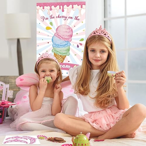 Miniatura 8 de Hxezoc Pin The Cherry On The Ice Cream Game con 36 calcomanías de cerezas, póster grande de juegos de fiesta de helado para niños, fiesta de