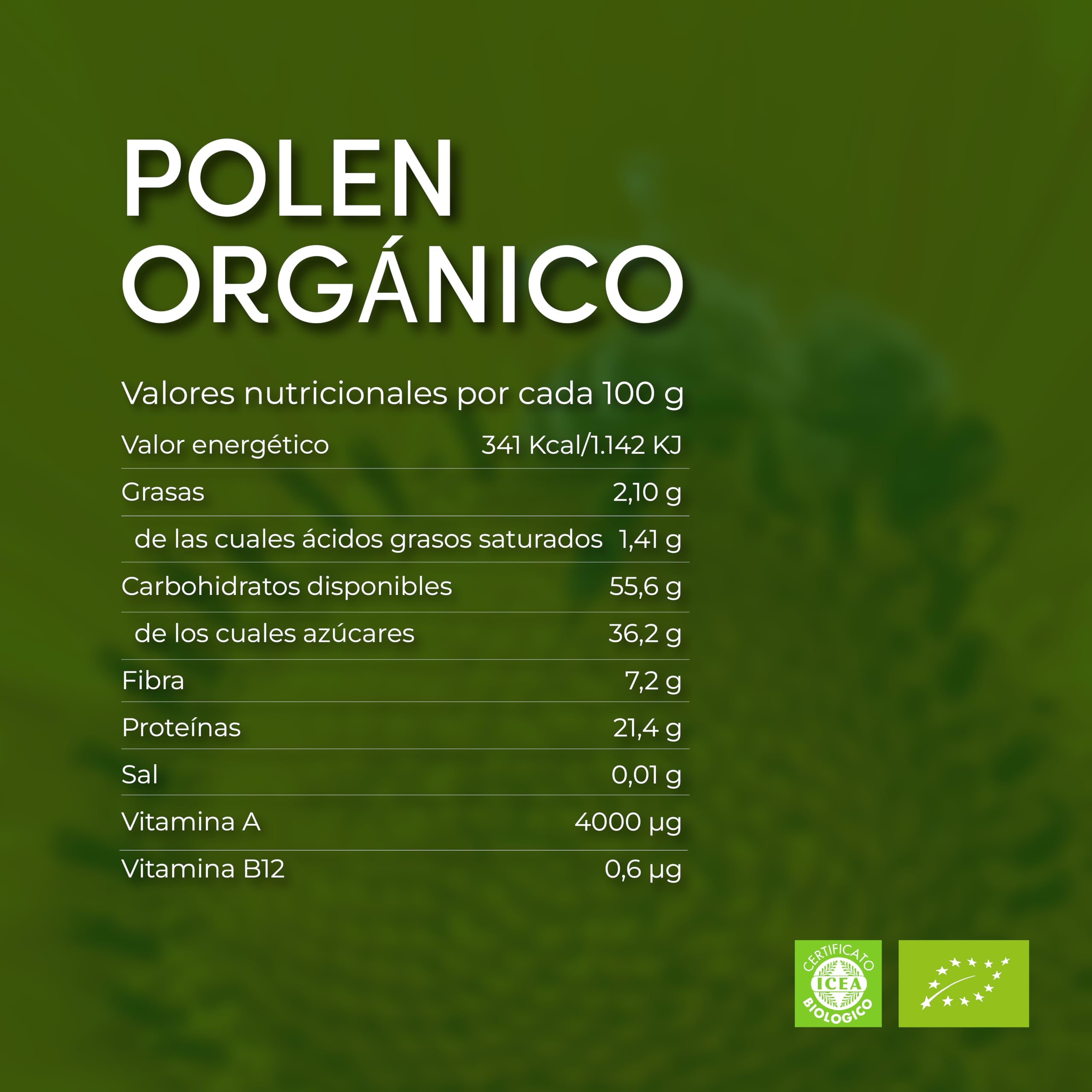 Polen de Agricultura Orgánica - 100% Siciliano, rico en vitaminas, minerales y antioxidantes - Eco-Friendly, sin plaguicidas - 500gr