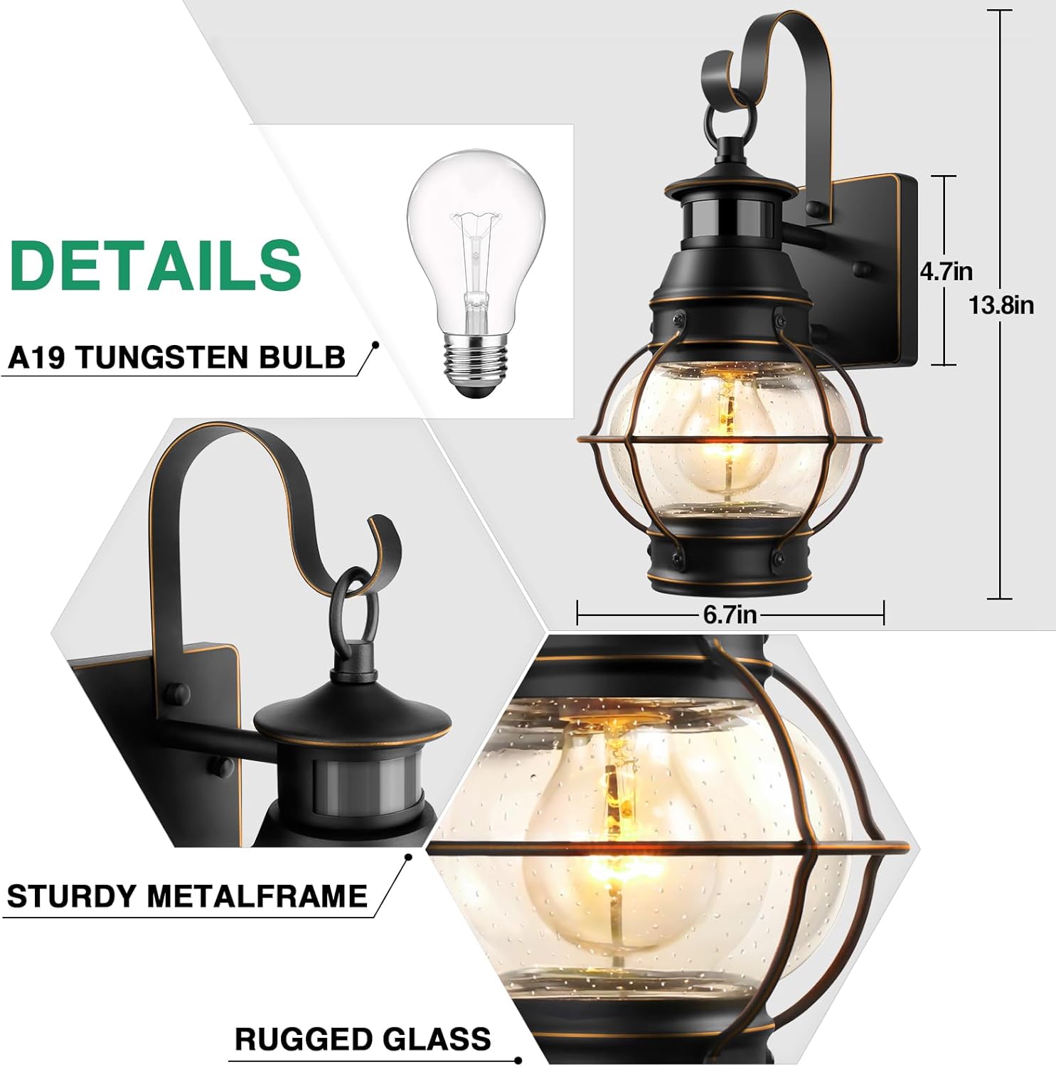Detailed view of the Lamomo outdoor wall lantern showing dimensions (13.8 inches high, 6.7 inches wide, 4.7 inches extension) and components like the A19 tungsten bulb (not included), sturdy metal frame, and rugged glass.