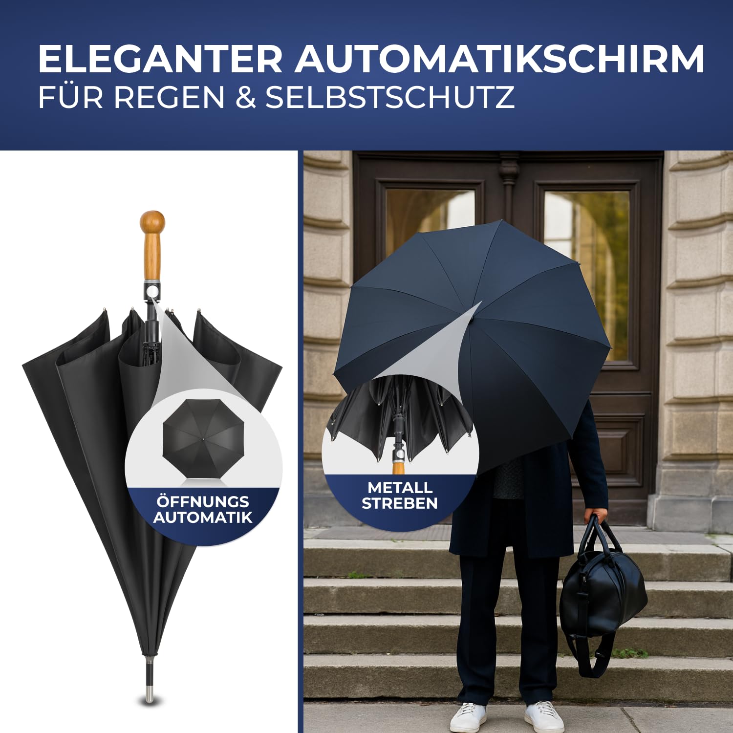 LOGAN & BARNES Regenschirm Selbstverteidigung Ø120cm mit Hartholzknauf und unzerbrechlicher Stahlspitze - Selbstverteidungsschirm mit automatischer Öffnung - Modell DETROIT