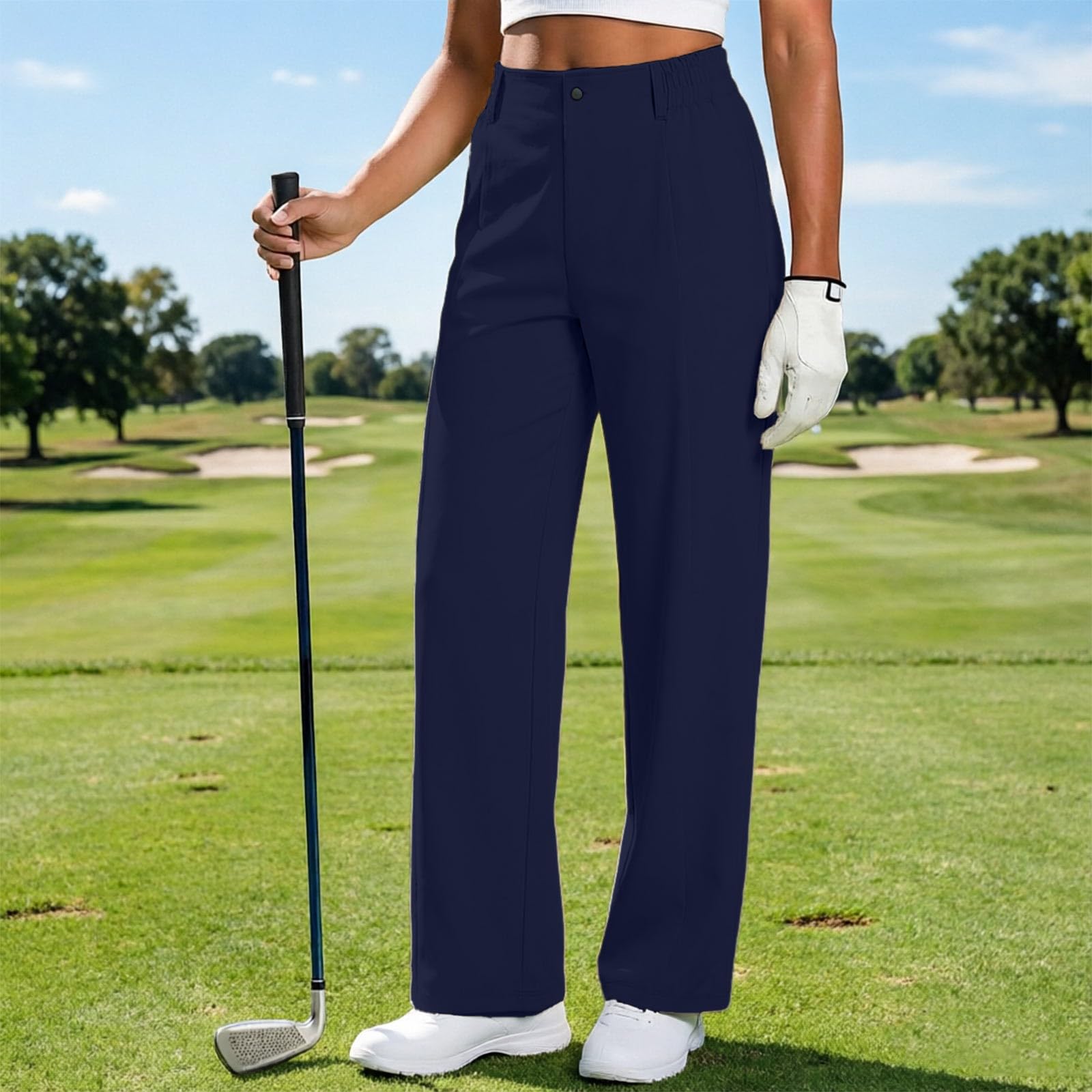 Pantaloni da golf da donna a gamba dritta, con elastico in vita, con tasche, traspiranti, leggeri, estivi, tinta unita, vestibilità ampia, pantaloni da lavoro, per vacanze, spiaggia, attività