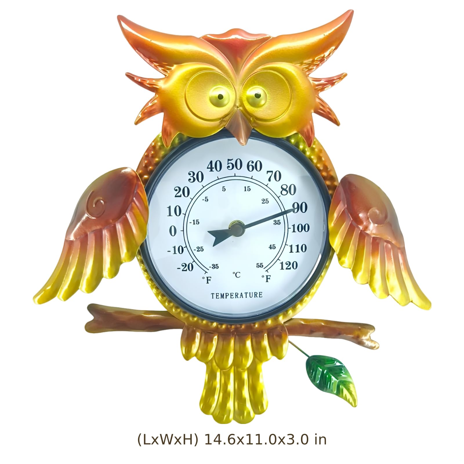 Zewnętrzny termometr sowy, metalowa sztuka ścienna 35 x 38 cm, wyświetlacz temperatury w stopniach Celsjusza i Fahrenheita, dekoracja patio i podwórka, prezenty na parapetówkę