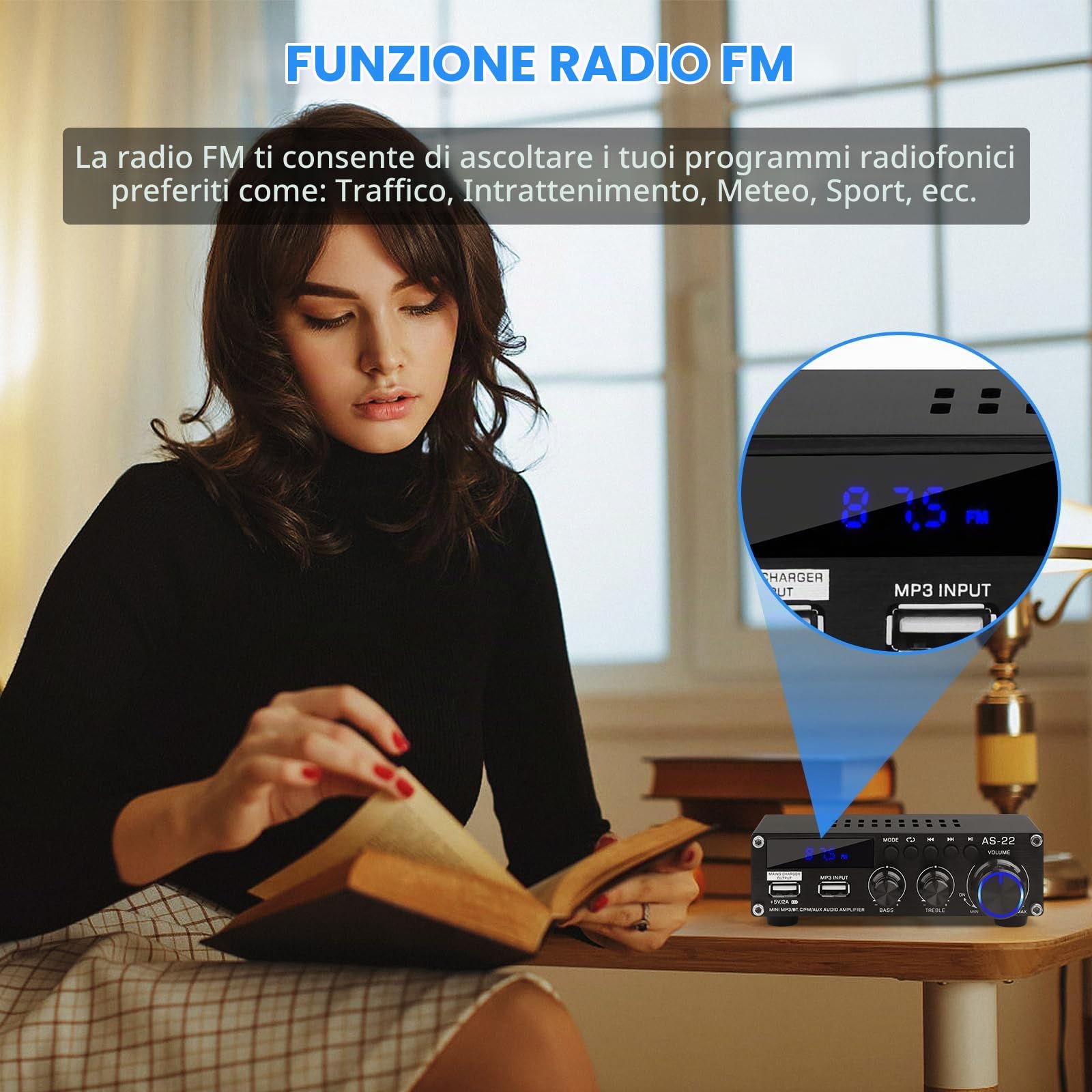 Amplificatore HiFi Bluetooth AS-22 Mini Amplificatore Audio Stereo 2.0 Canali 40W x 2 Classe D Ricevitore Amplificatore di Potenza Digitale con Ingresso BT AUX USB, DC 12V/5A