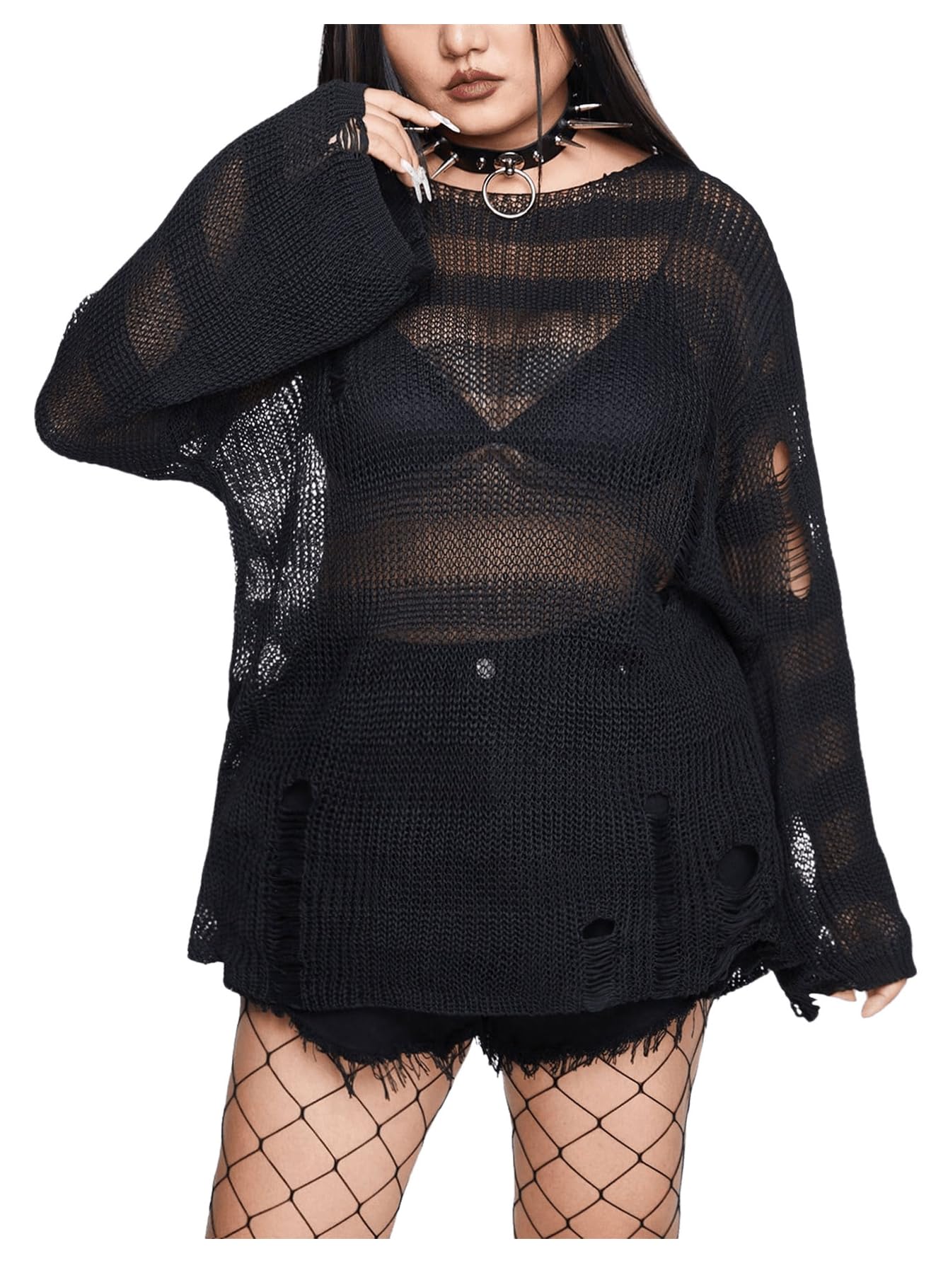 SHENHE Womens Plus Size Ripped See Through Bell Sleeve Sexy Grunge Distressed Sweater Pullover