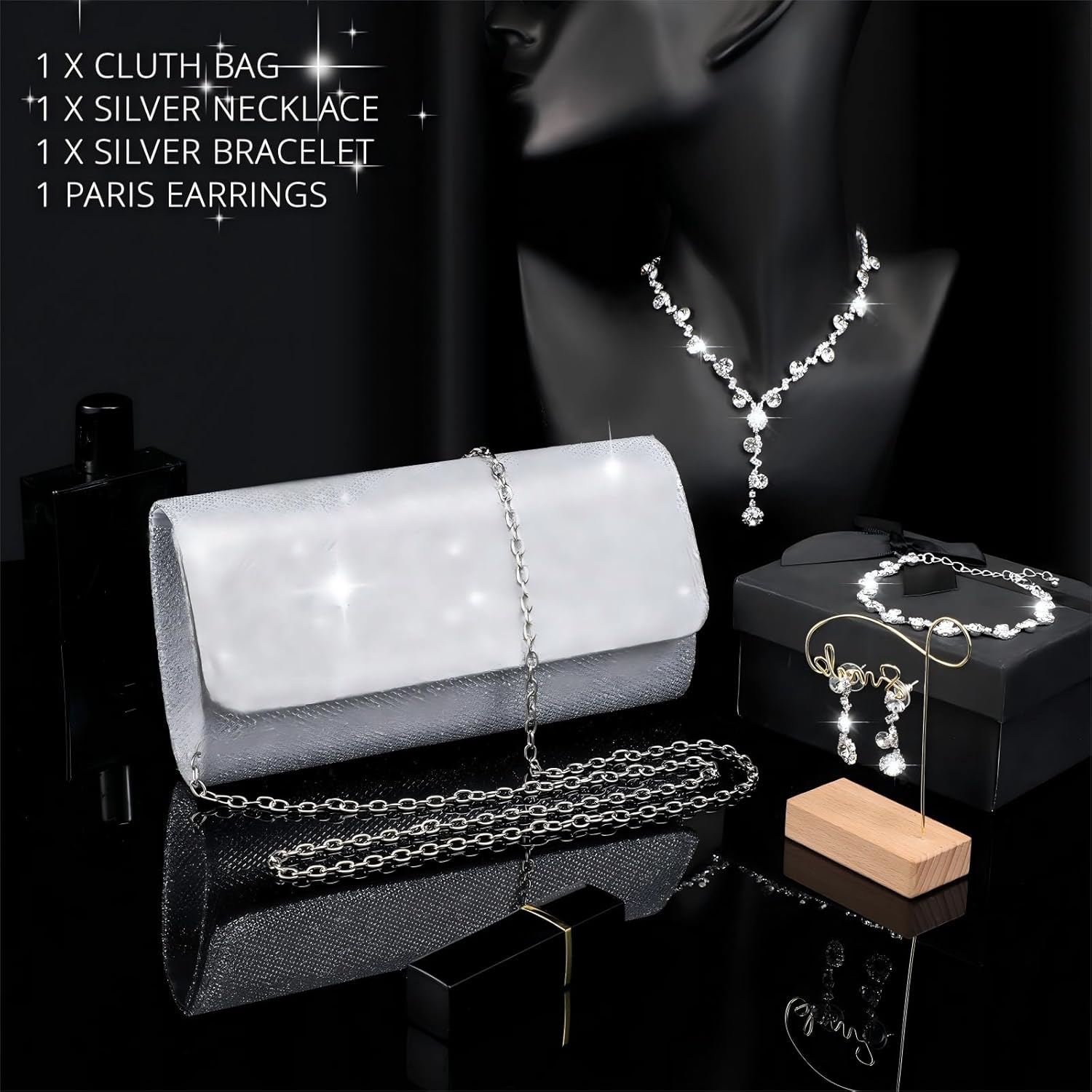 Meanplan 4 Pcs Silver Clutch Purse Jewelry Set for Women Rave Accessories Evening Rhinestone Purse Silver for Bride Wedding