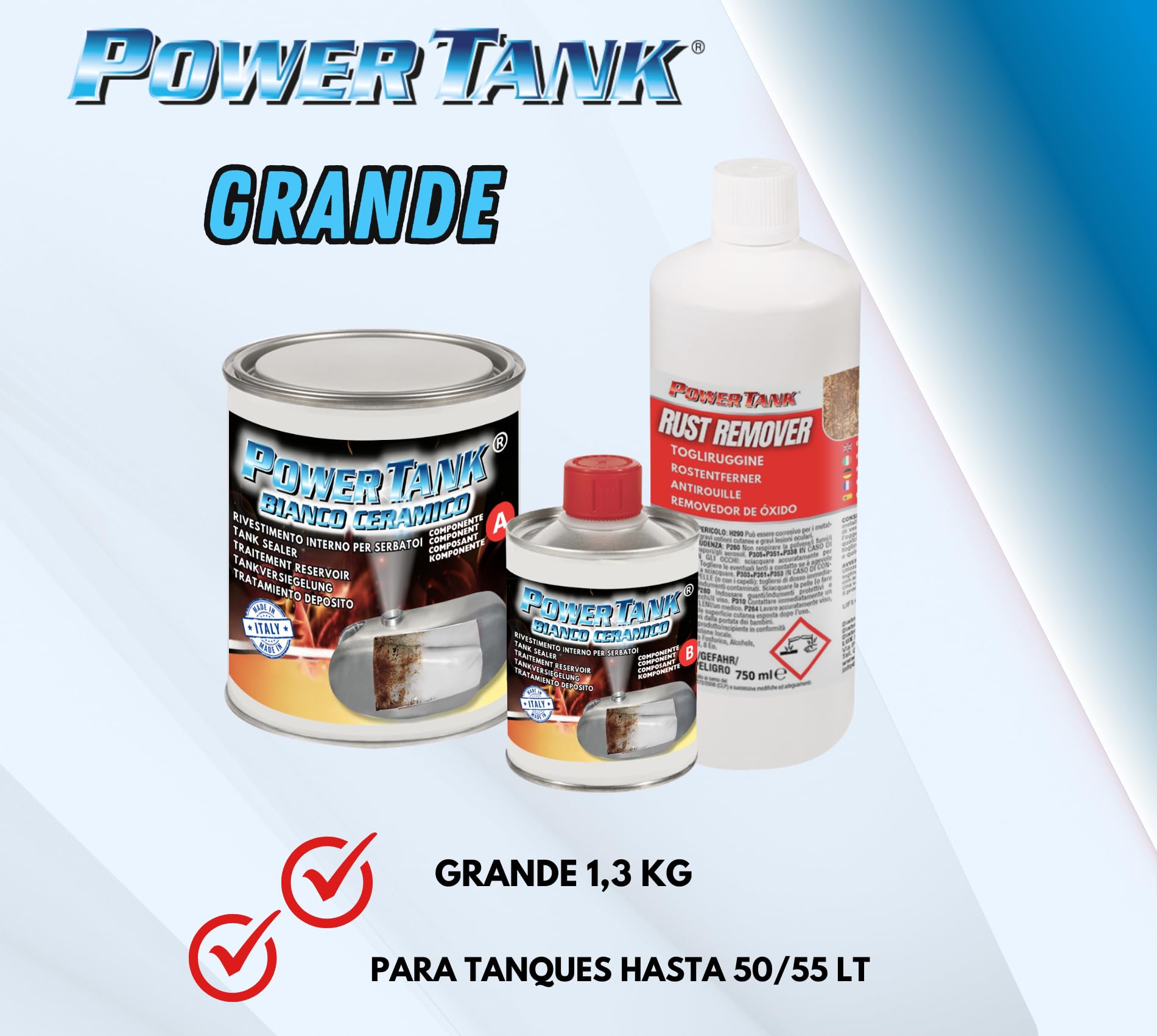 POWER TANK Blanco Cerámico - Tratamiento para tanques deposito coche (50/55 LT) Kit grande 1,3 kg elimina óxido repara protege interior oxidado de tanques gasolina diésel de motos con antioxidante.