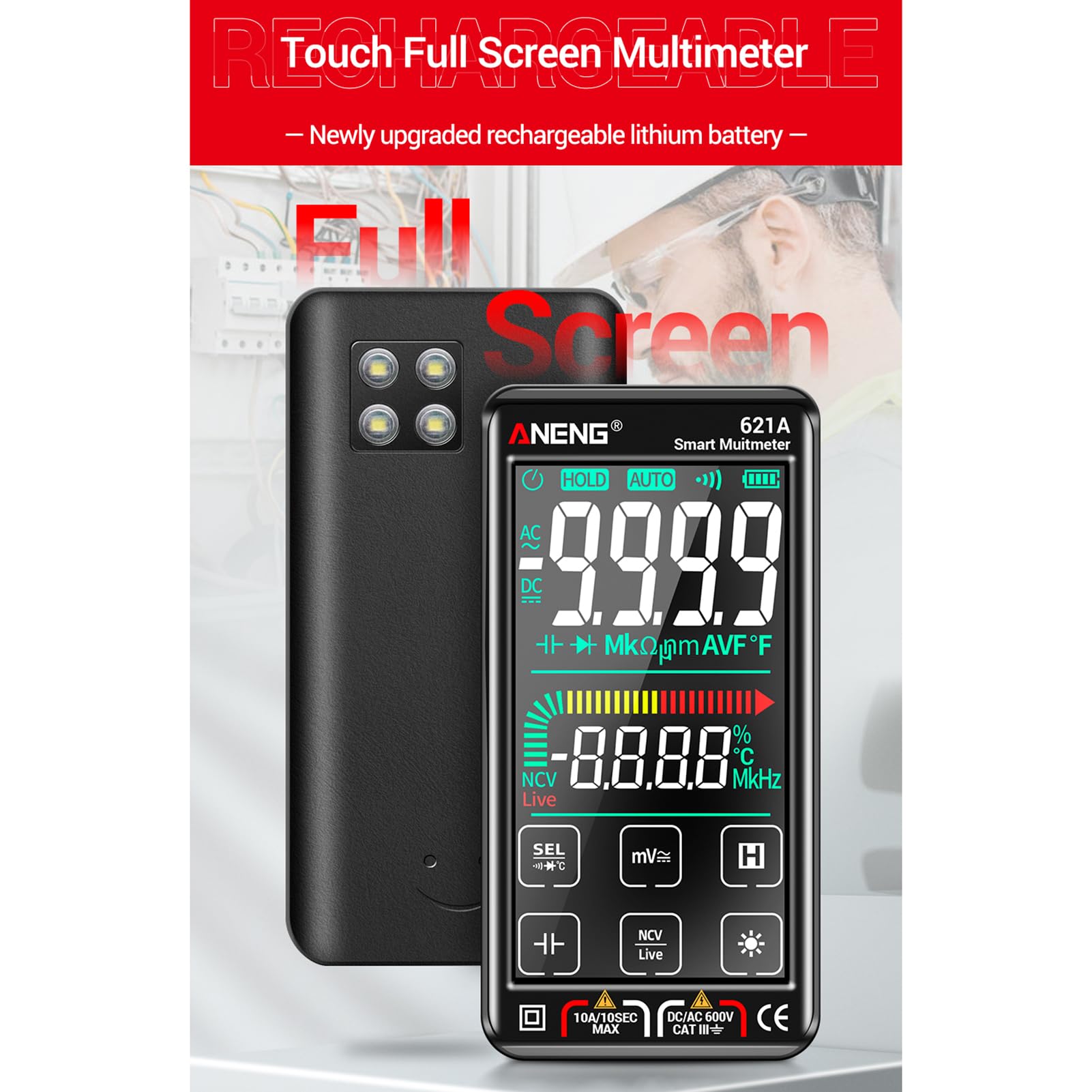 HUIOP Multimeter Multímetro Digital Inteligente 621A con Pantalla táctil, 9999 recuentos, Rango automático, Recargable, portátil, NCV, medidor Universal, voltímetro, amperímetro