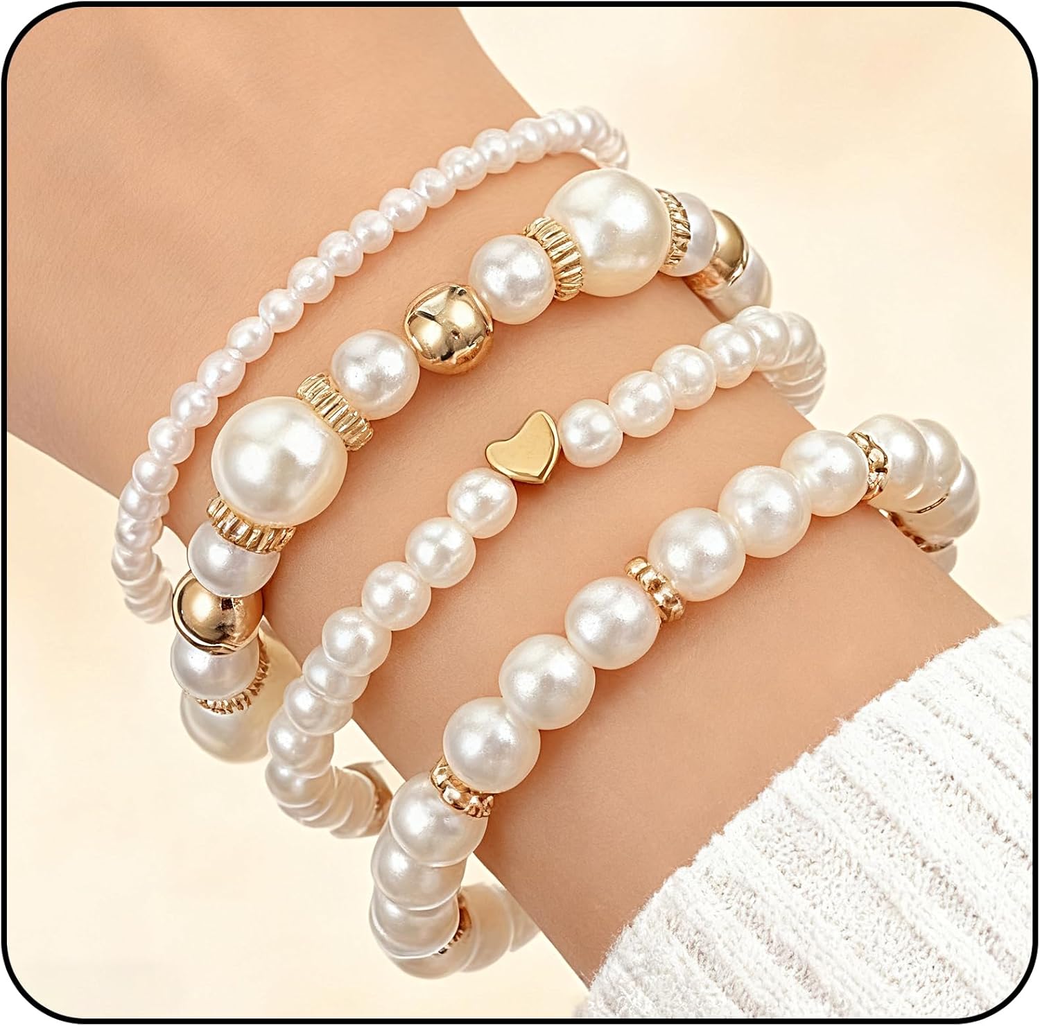 4 PCS Pearl Bracelets for Women, White & Gold Chunky Simulated Pearl Stackable Stretch Bracelet Set Multilayered Stretch Bead Ball Bracelet Jewelry Gifts for Women Bridesmaid Bridal Jewelry - Image 4
