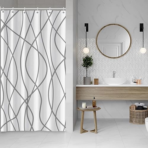 Miniatura 167 de Cortina de ducha pequeña a rayas gris claro degradado para baño, 36 x 72 pulgadas, juego de cortina de ducha geométrica para cabina de RV con Gris
