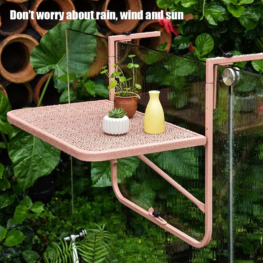Balcony Railing Folding Table 3-Level Height Adjustments Wrought Iron Hanging Side Table Portable Bar Table for Indoor and Outdoor Patio Garden Orange Pink 60x40cm