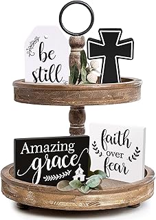 Zingoetrie Tiered Tray Decor Be Still Faith Over Fear Amazing Grace Wooden Cross Farmhouse Rustic Set of 4 Block Items Home Prayer Table Decor Wood Sign Gift Idea for Easter Religious Day Black white
