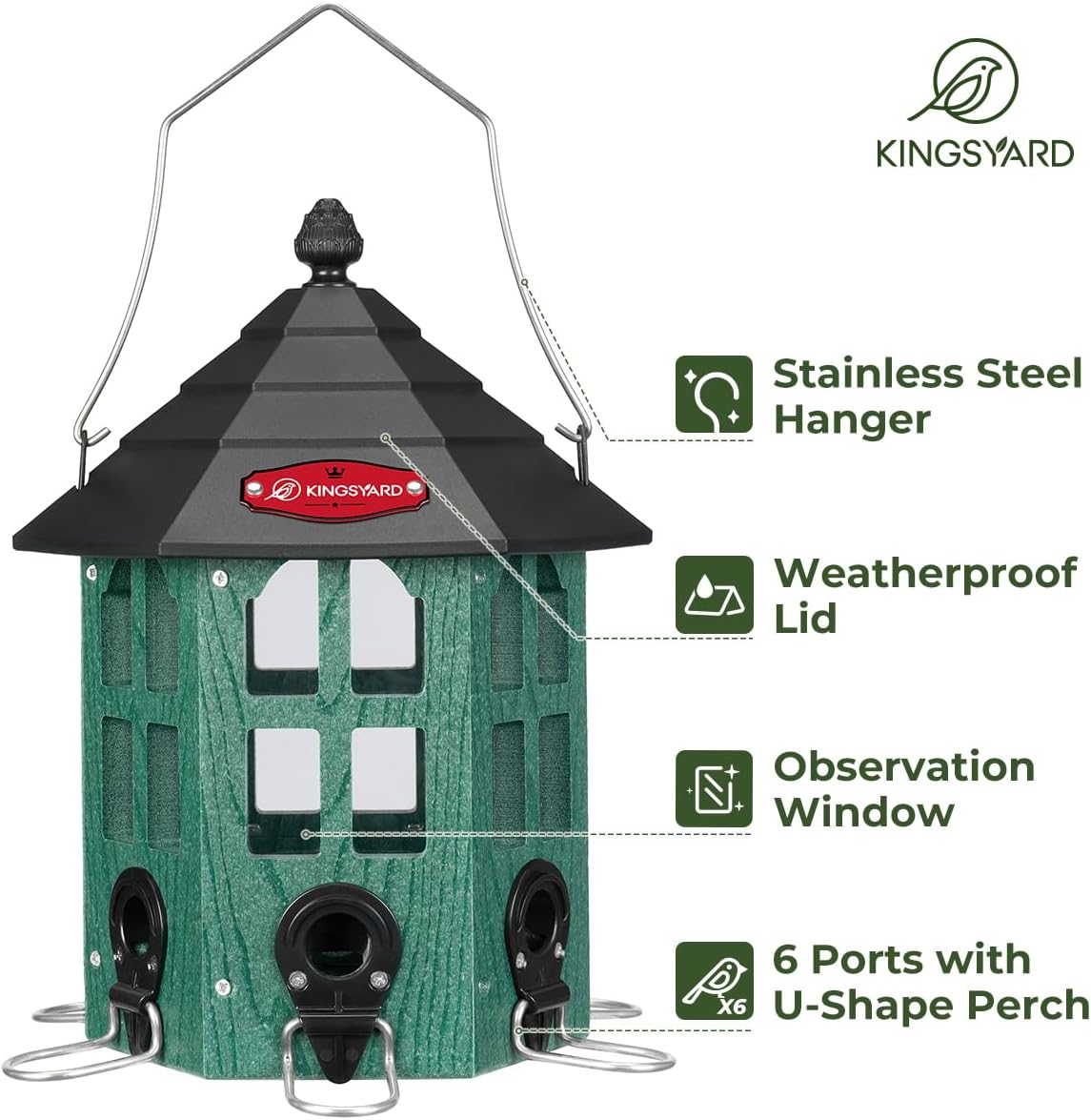 Kingsyard Large Bird Feeder Weatherproof, Squirrel-Resistant Outdoor Hanging Feeders, Recycled Plastic Hopper 3.5 lb Seed Capacity 6 Ports U-Shape Metal Perch Mesh Bottom, Green