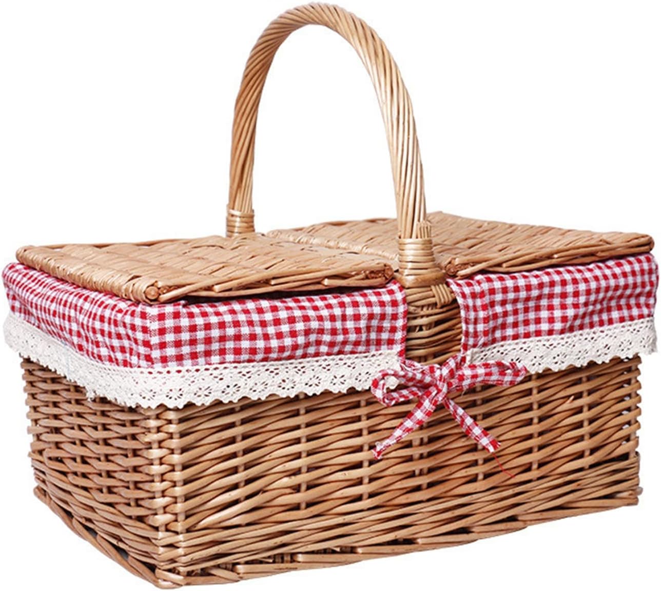 Picnic Basket Rattan Wicker Portable Shopping Picnic Basket for Camping Outdoor(Red Cloth)