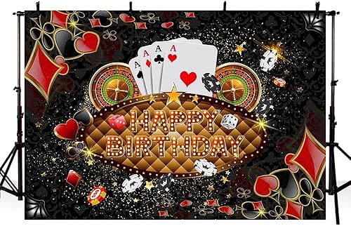 Miniatura 4 de Telón de fondo de feliz cumpleaños de 7 x 5 pies, decoración de fiesta de cumpleaños de Las Vegas, dados de Las Vegas, cartel de fiesta de