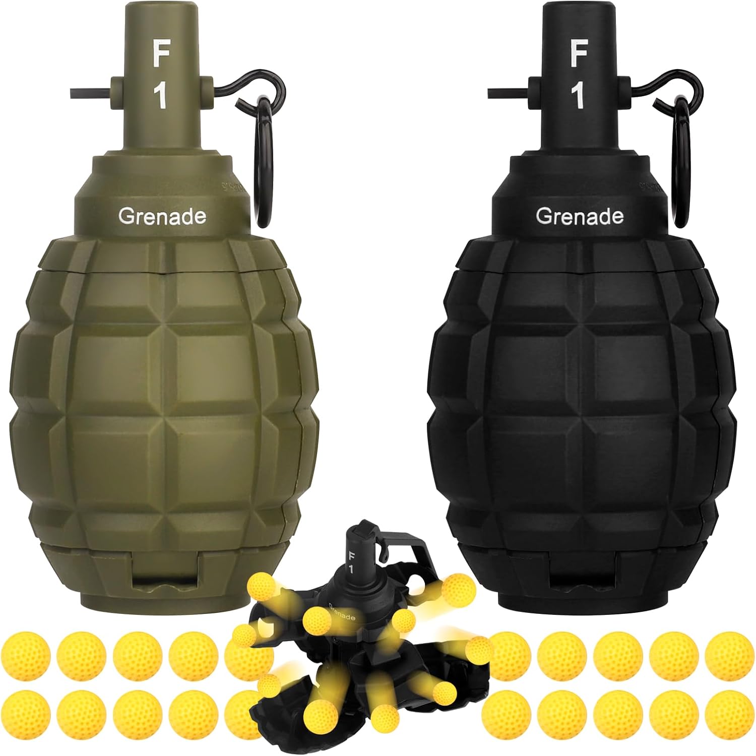 Tactical Toy Hand Grenade Bomb for Nerf CS Battle Game,2Pcs Fun Impact Pull Ring Fall Resistant Refillable Grenade Toy with 20 Foam Ammo for Outdoor 14+ Sport