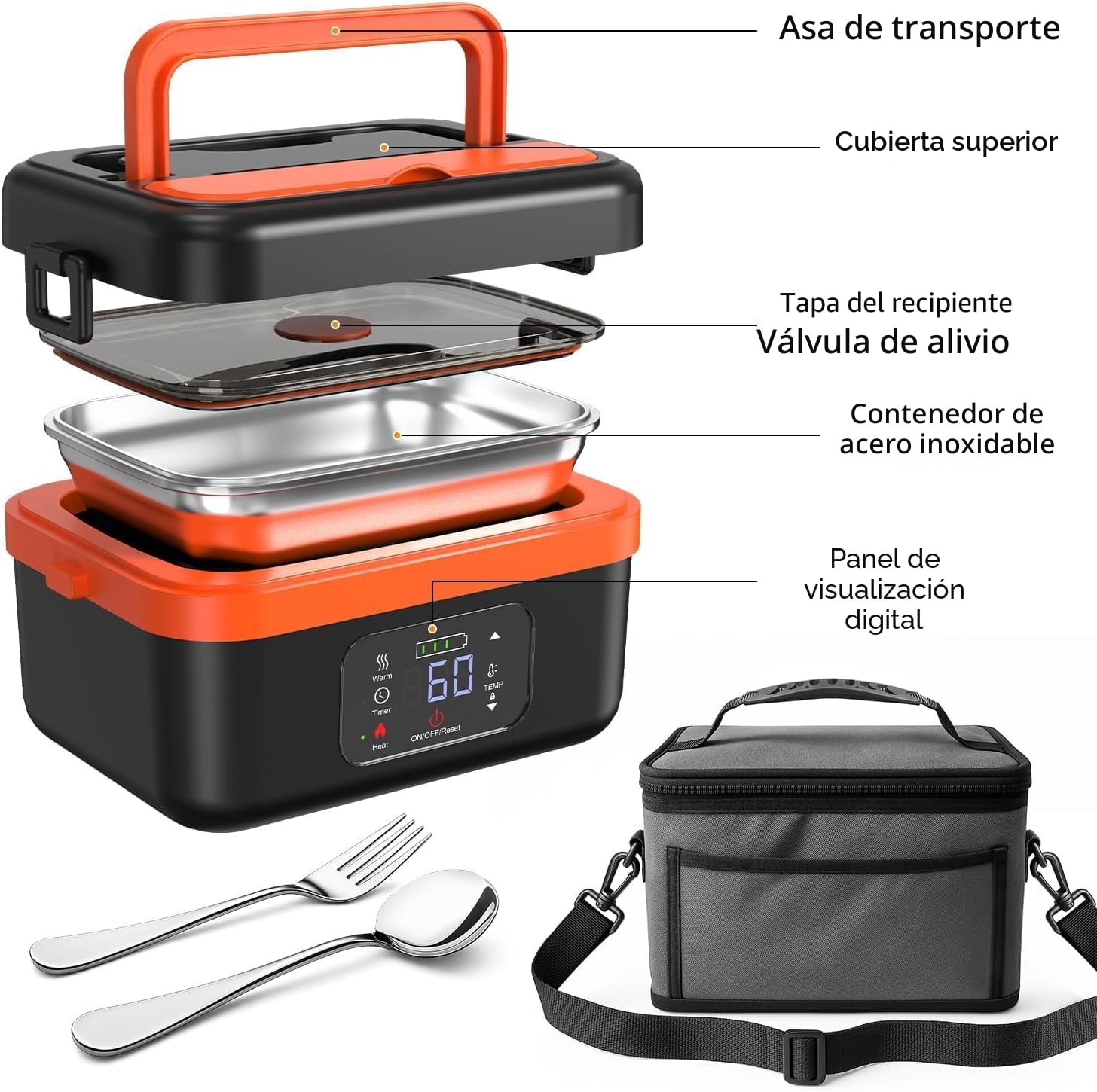 1 L cuenco calefactor, almuerzo caja calefactora para adultos con batería, recargable para almuerzo, caja eléctrica con temporizador y función, con vajilla de acero inoxidable y bolsa isotérmica
