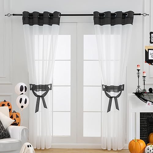 L.Z.E - Cortinas transparentes blancas y negras de 63 pulgadas de largo, 2 paneles para sala de estar, cortinas elegantes y modernas transparentes