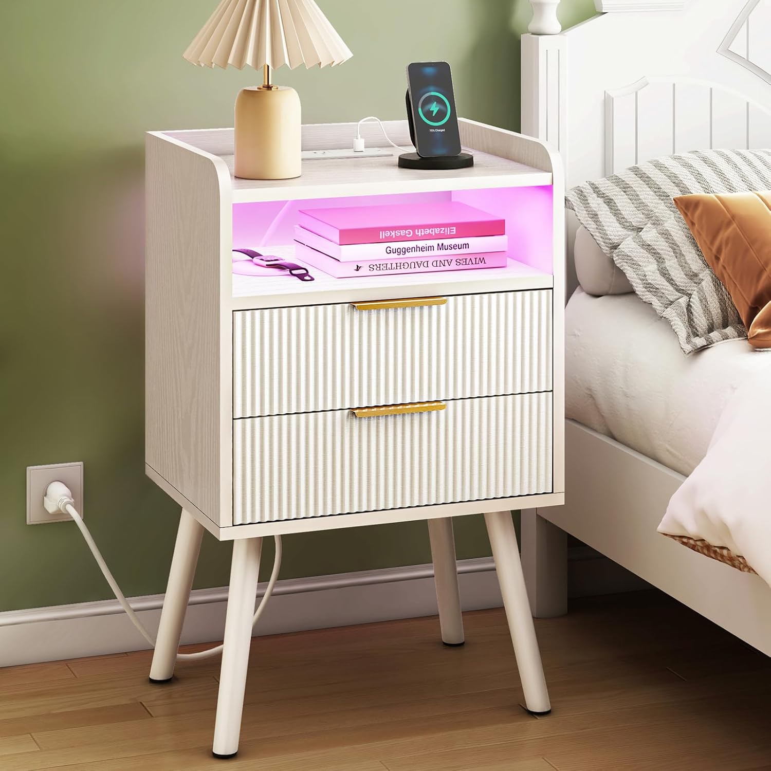 Fixwal White Fluted Nightstand with Charging Station, LED Night Stand with 2 Wood Drawers for Bedroom, Modern Bedside Table, 15.7 x 11.8 x 25.6in