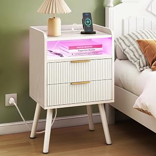 Fixwal White Nightstand with Charging Station, 2 Fluted Wood Drawers | 15.7"D x 11.8"W x 25.6"H, LED lights, 2 storage drawers, wooden construction, easy assembly, morden style