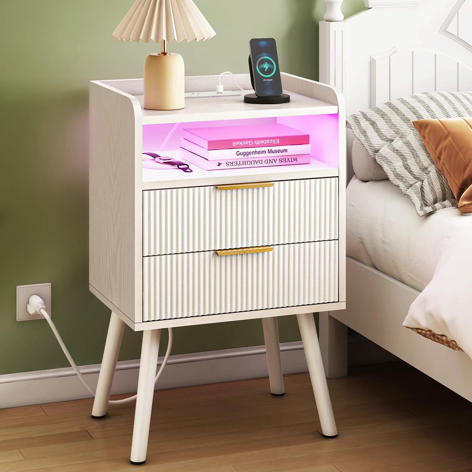 Amazon.com: Fixwal White Nightstand with Charging Station, 2