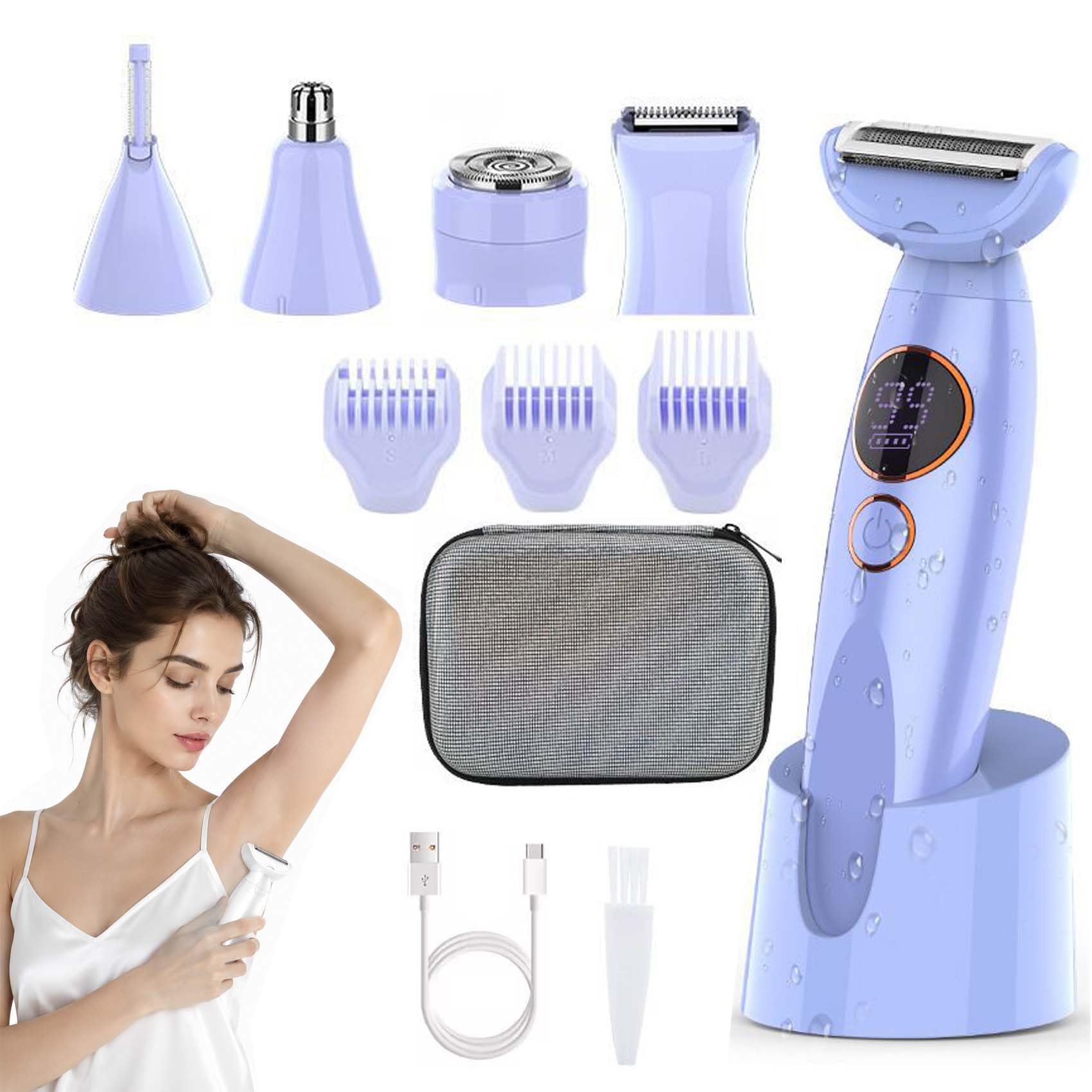 Elios Rasoir Femme 5 en 1, Épilateur Électrique avec Affichage LED, Chargement USB, Étanche Bikini Aisselles Jambes Bleu