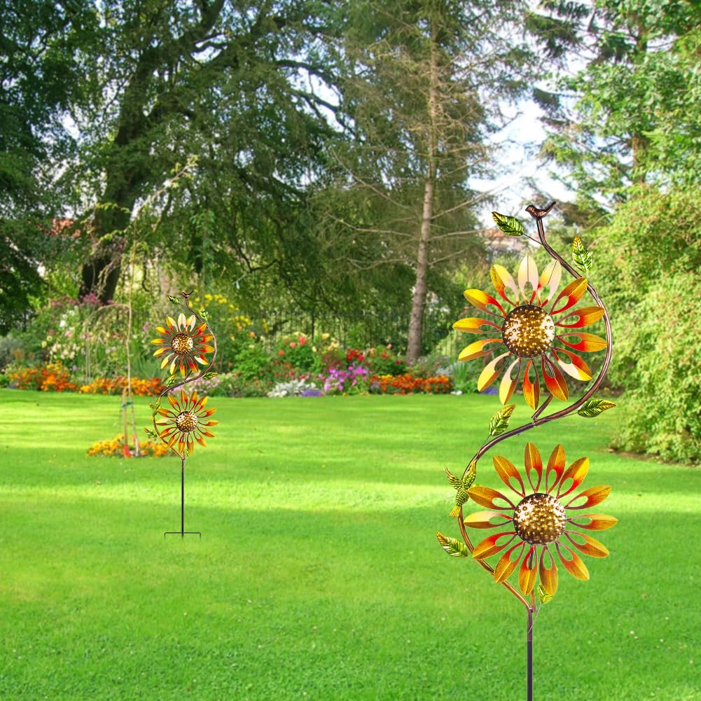 Molinillo de viento de girasol, 2 unidades, rotación, molinillo de viento para jardín, decoración de metal, girasol, jardín, metal, carillón de viento para jardín con estaca de metal, para interior y