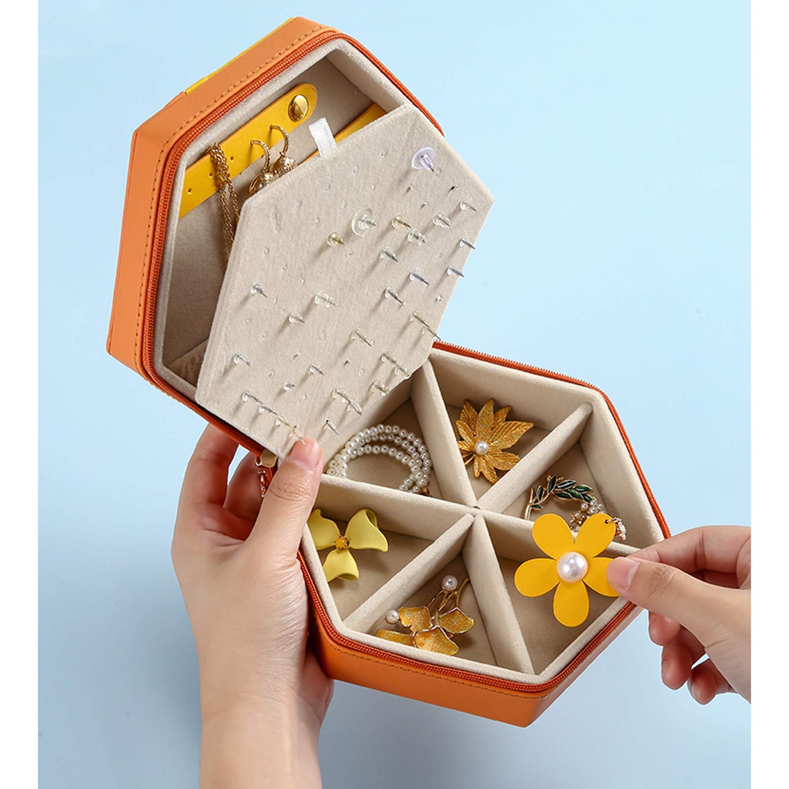 LNNSHX Pudełko z biżuterią Vintage małe pudełko na biżuterię Pomarańczowy geometryczny organizer na biżuterię PU Skórzane pudełko podróżne z biżuterią do przechowywania Ozdoba Pierścień Kolczyk