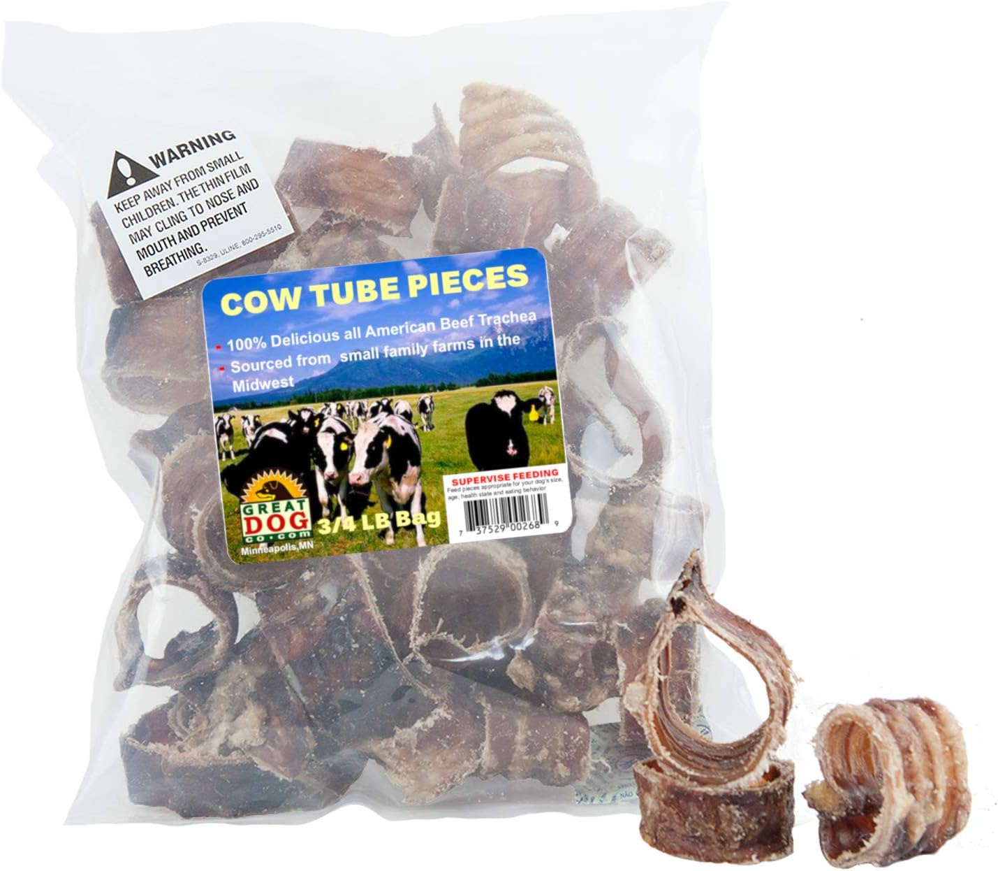 Great Dog Beef Trachea Pieces - 3/4 Pound Bag - Sourced and Made in USA Only