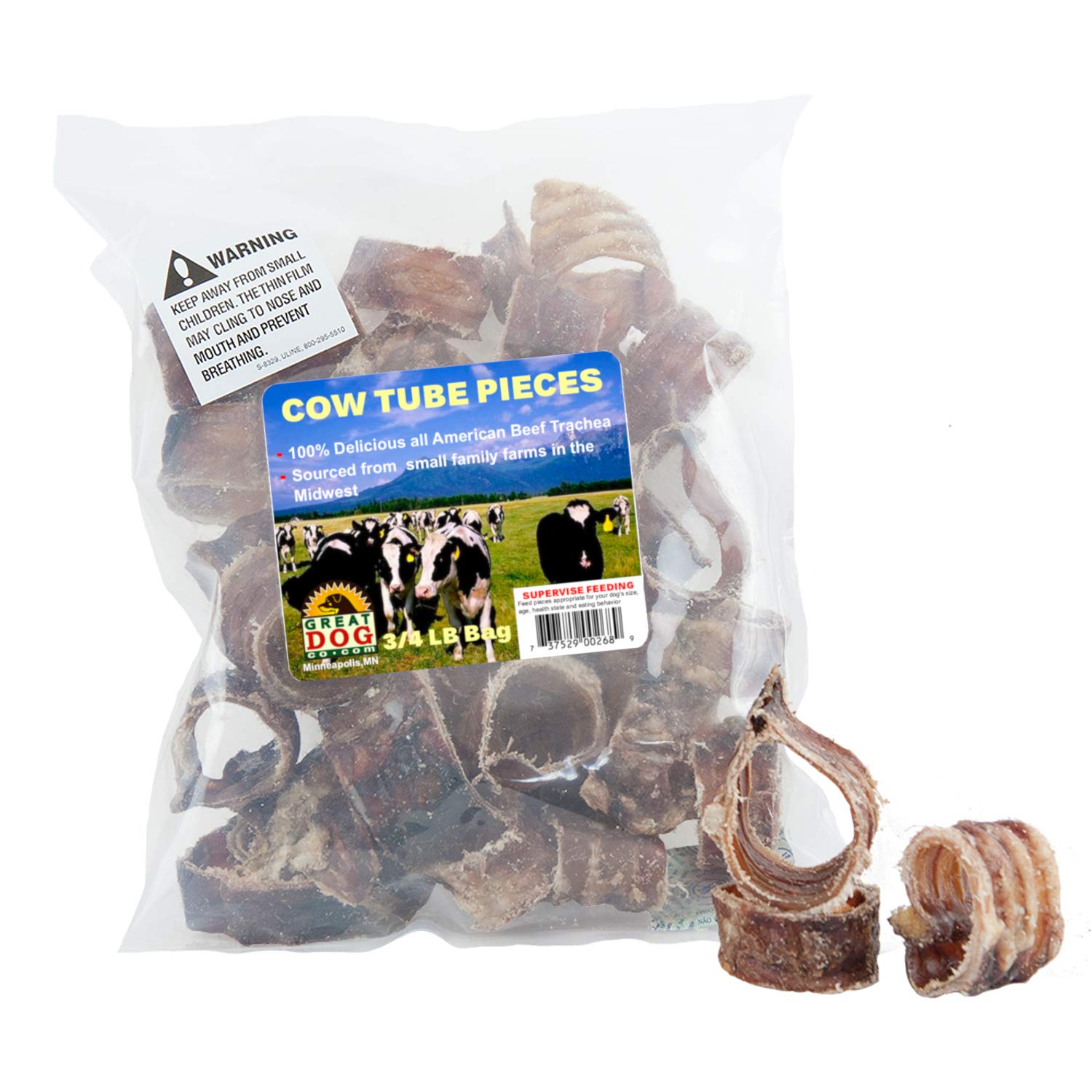 Great Dog Beef Trachea Pieces - 3/4 Pound Bag - Sourced and Made in USA Only