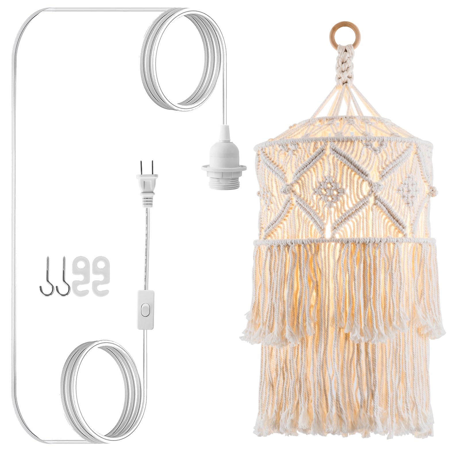 Boho Plug in Pendant Light, Hanging Light with Plug in Cord, Hanging Lamp with Handmade Macrame Lamp Shade, Boho Plug in Hanging Light Fixtures for Living Room Bedroom Decor
