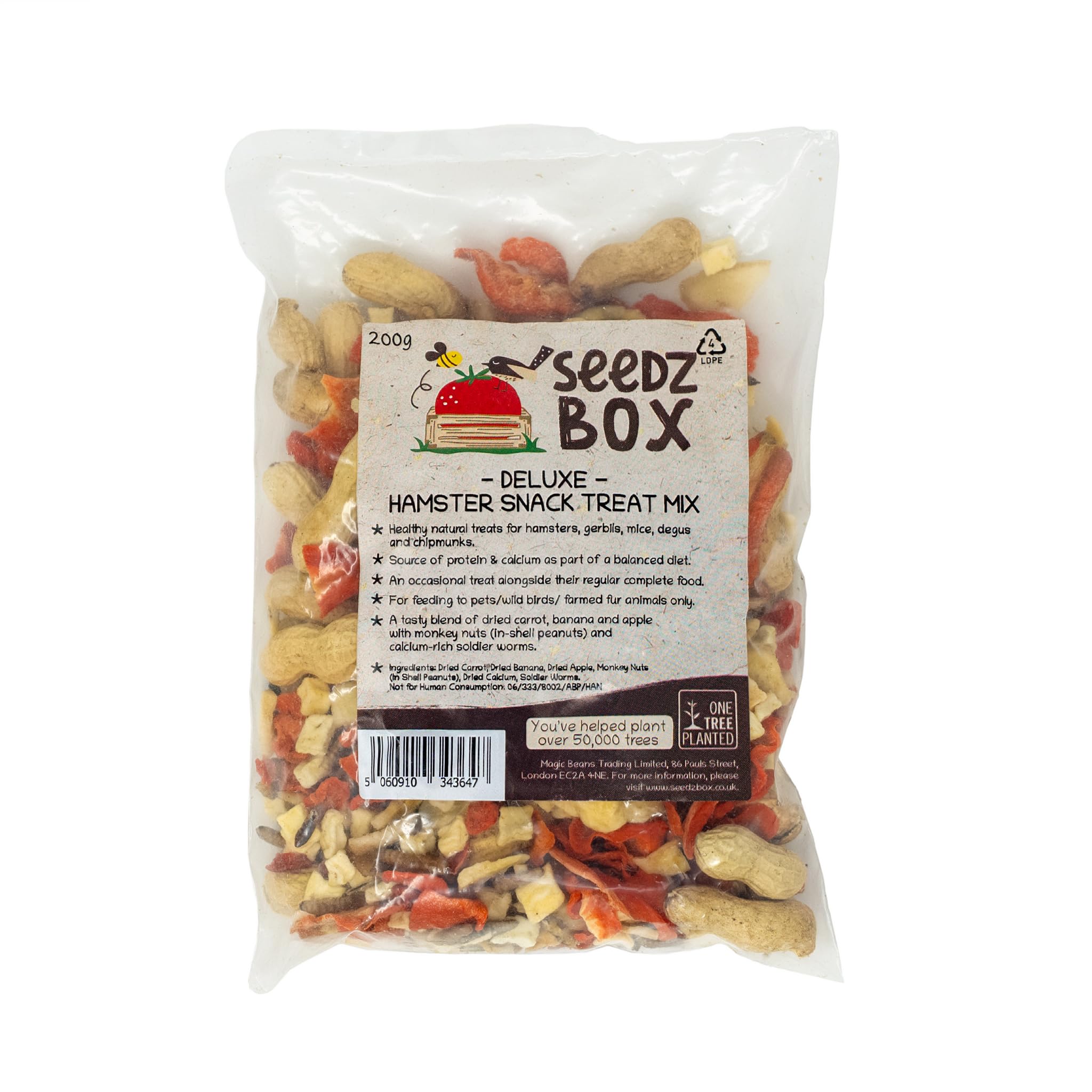 Hamster Deluxe Food Treat Snack Mix 200g - Dried Carrot, Banana & Apple with Monkey Nuts & Calcium Soldier Worms - Natural Small Animal Food for Hamsters Gerbils Mice, Degus, Chipmunks - Seedzbox