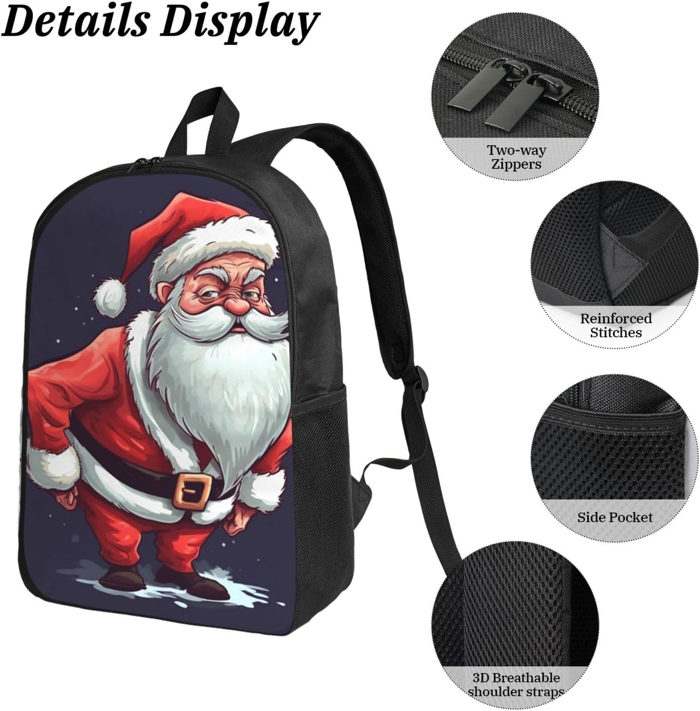 Funny Santa Claus Backpack Set 3 PCS - 17 Inch Laptop Backpack with Lunch Bag, Waterproof Daypack Insulated Lunch Box Large Capacity Coin Pouch Personalized Gift image 5