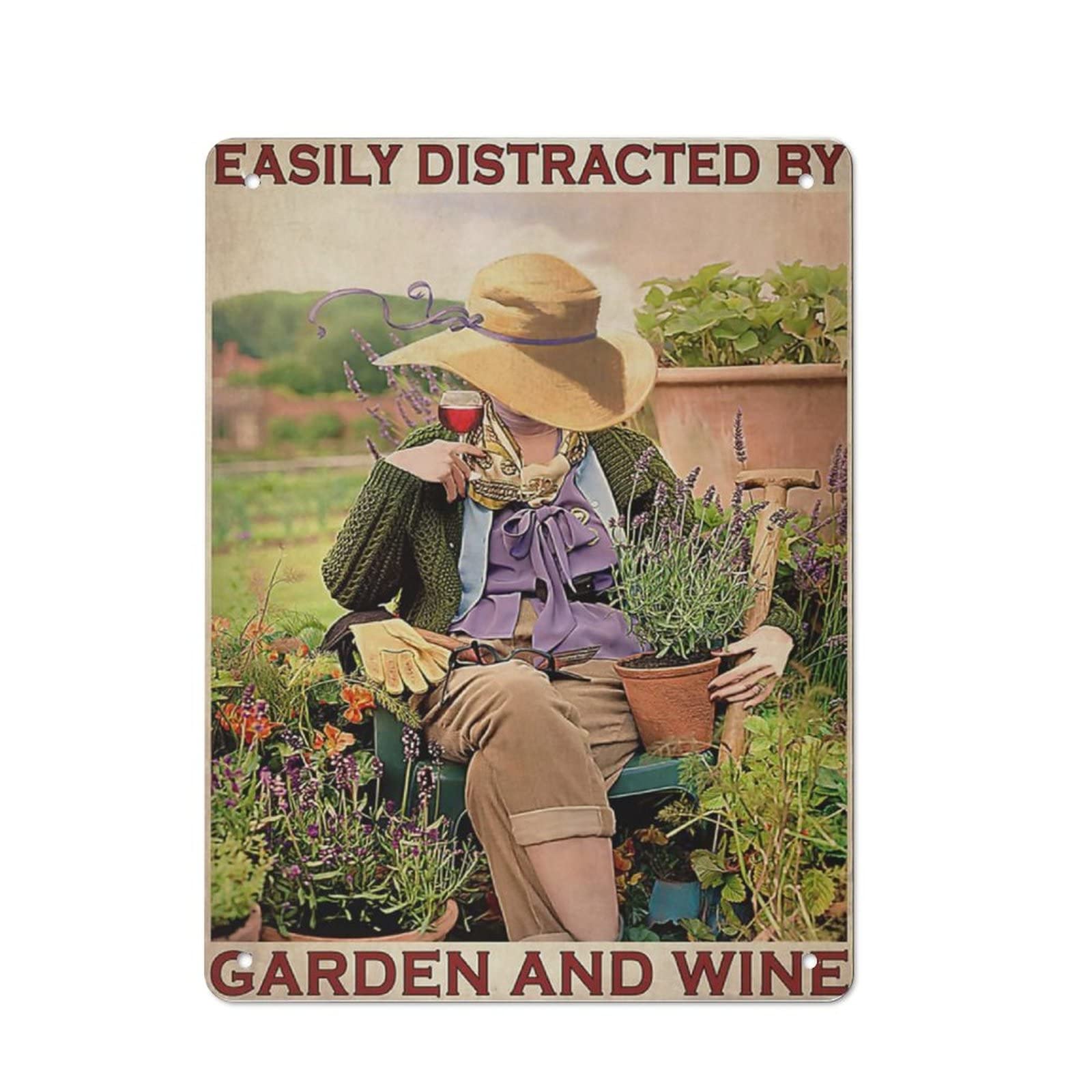 AOOEDM Easily Distracted By Garden And Wine Vintage Tin Sign Metal Tin Signs for Man Cave Funny Art Wall Plaque Kitchen Bar Pub Coffee Shop Wall Decor