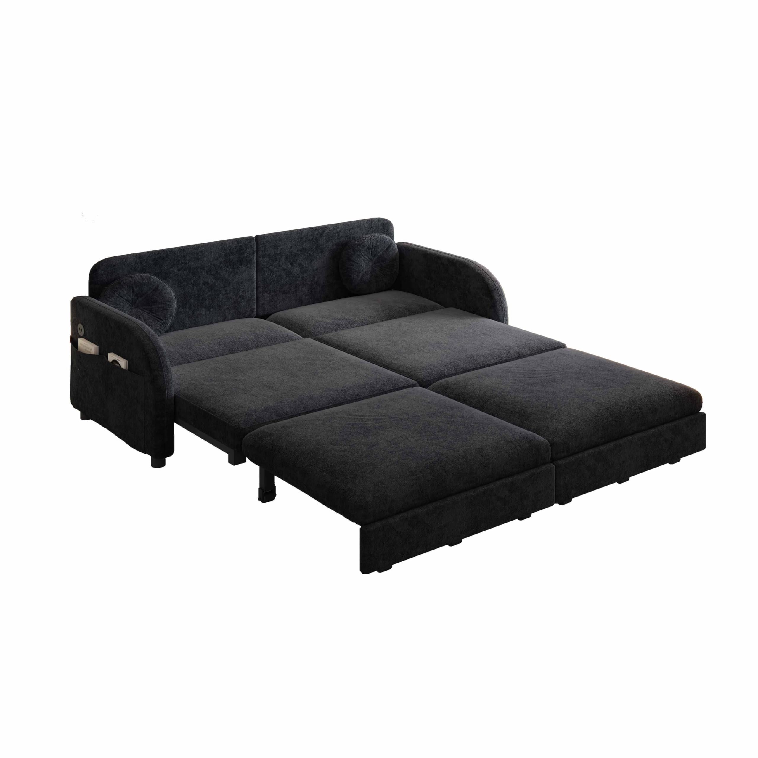 65.4'' Sleeper Sofa Bed Queen Size, 3in1 Convertible Pull Out Couch, Black | Modern Chenille Upholstered Loveseat, USB Charging, Side Pockets, 2 Pillows, for Living Room, Small Spaces, RV, Apartment