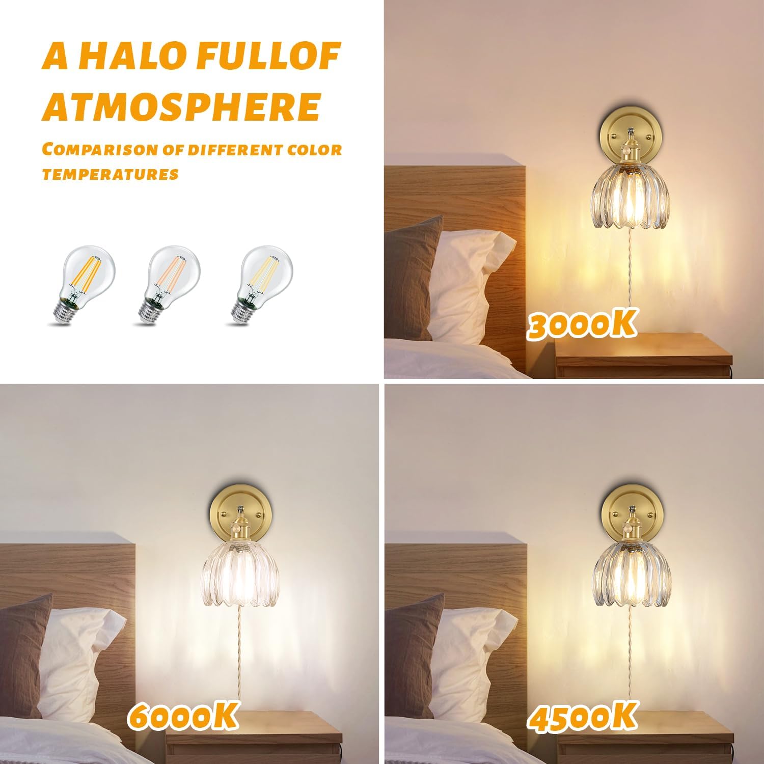 Transparent Tulip Glass Lampshade Wall Light Plugin Corded for Bedside Bedroom Doorway