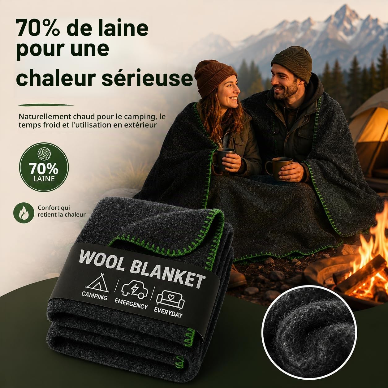 Jmr USA Inc. Couverture Militaire en Laine pour Camping, Urgence et Utilisation Quotidienne, Ignifuge, Extra épaisse et Chaude, 70% Laine, Gris, Taille 157,5 x 213,4 cm.