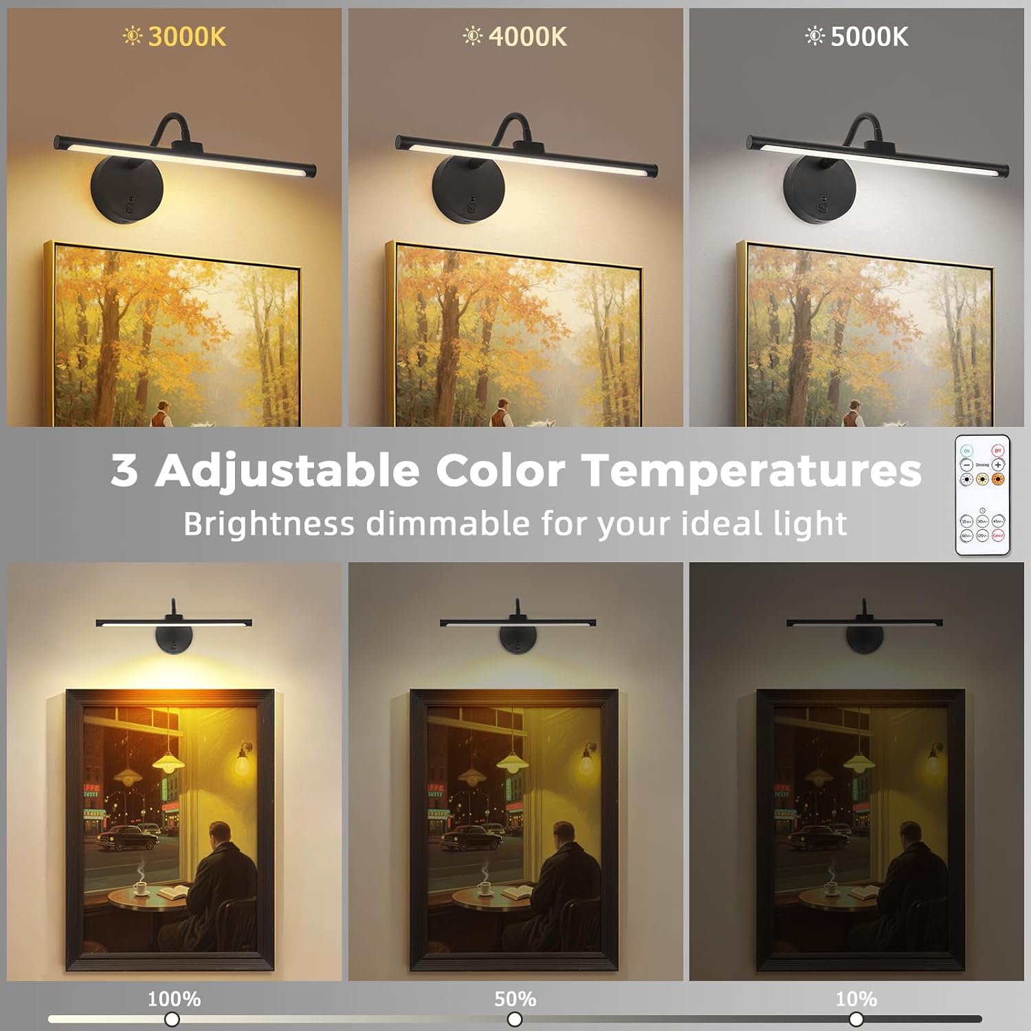 Wireless Picture Light, Magnetic Rechargeable LED Painting Light with Remote, Battery Operated Wall Art Light, 3 Color Temperatures, Dimmable Flexible Gooseneck Gallery Light for Frames, Black