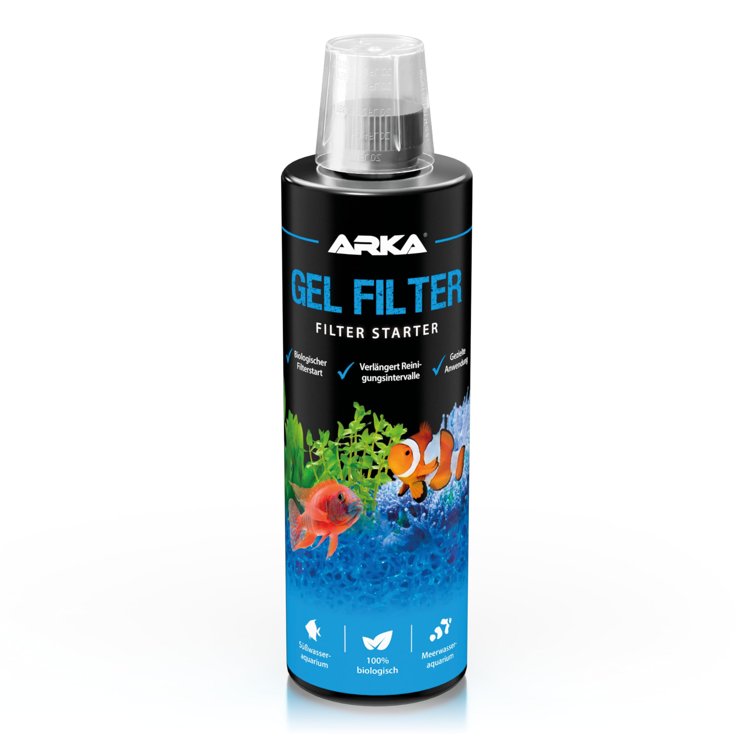 Aquarium Filterstarter 473 ml – 2 in 1 Starterbakterien für biologisch aktive Filter & klares Wasser – reduziert Mulm, Ammonium & Nitrit – für Süß- & Meerwasser – ARKA Filter Gel