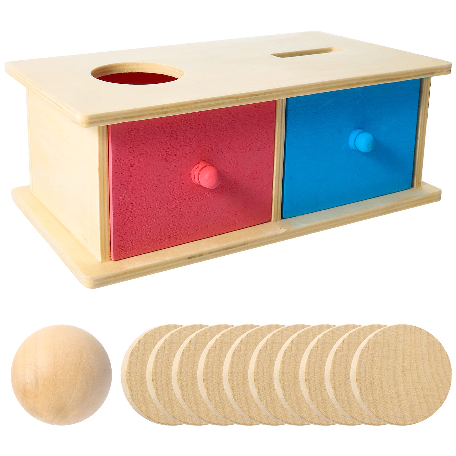 2 in 1 Mon-tessori Wooden Coins Balls Matching Box with 2 Drawers- Wood Coin Box with 5 Coins Object Permanence Box with 1 Wood Ball Preschool Learning Toys for Baby Toddler Infant Educational Gifts