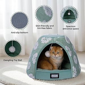 BALANCE Cat Beds for Indoor Cats, 2-in-1 Cat Bed Cave with Anti-Slip Bottom and Ultra-Soft Plush, Cozy Cats House Tent for Kittens and Small Dogs, 19 Inches, Green