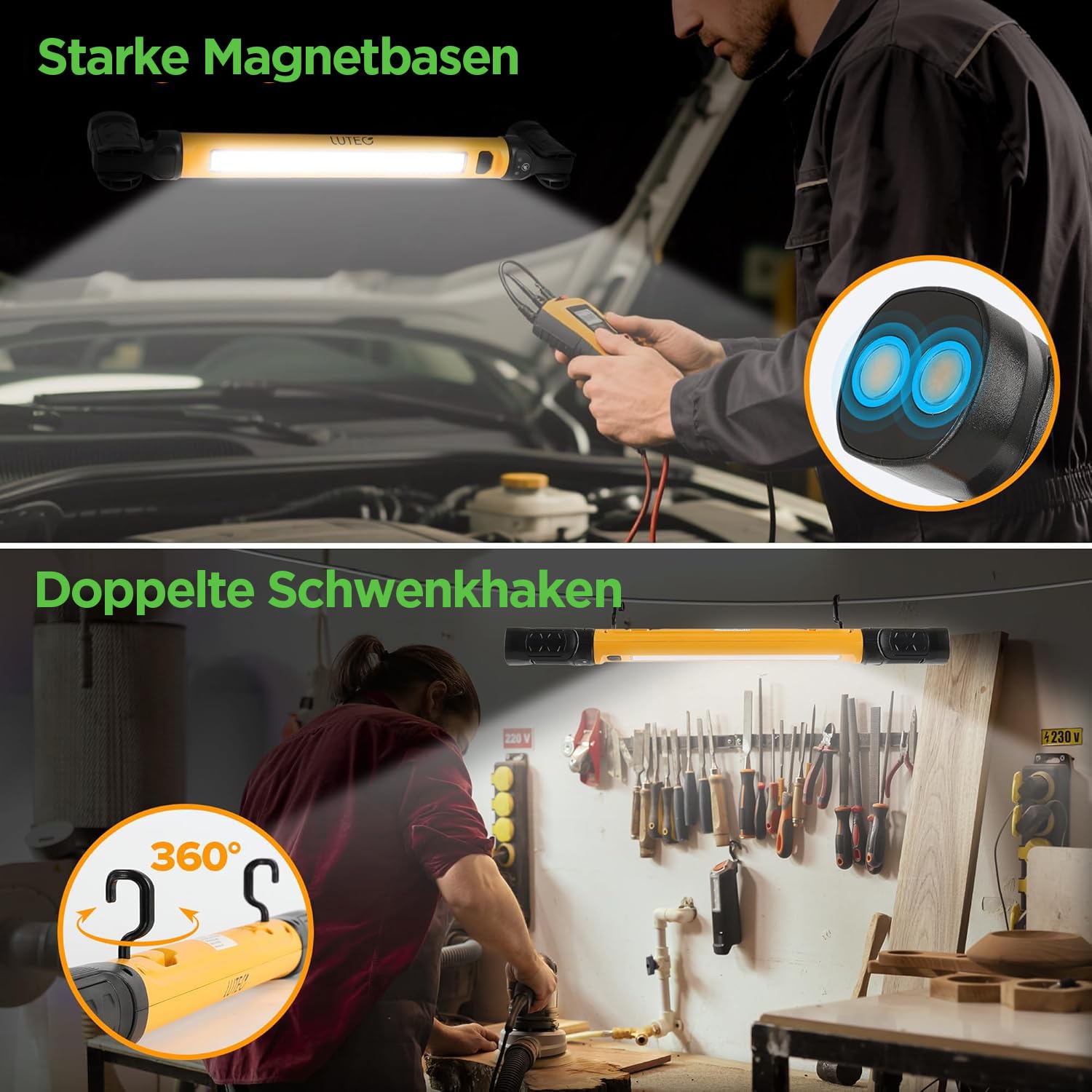 LUTEC 3000LM LED-Arbeitsleuchte, 5200mAh wiederaufladbare magnetische Motorhauben-Leuchtenleiste mit Haken, kabellose tragbare Mechanikerleuchte für Autoreparatur/Inspektion/Garage/Notfälle (2 Stück)
